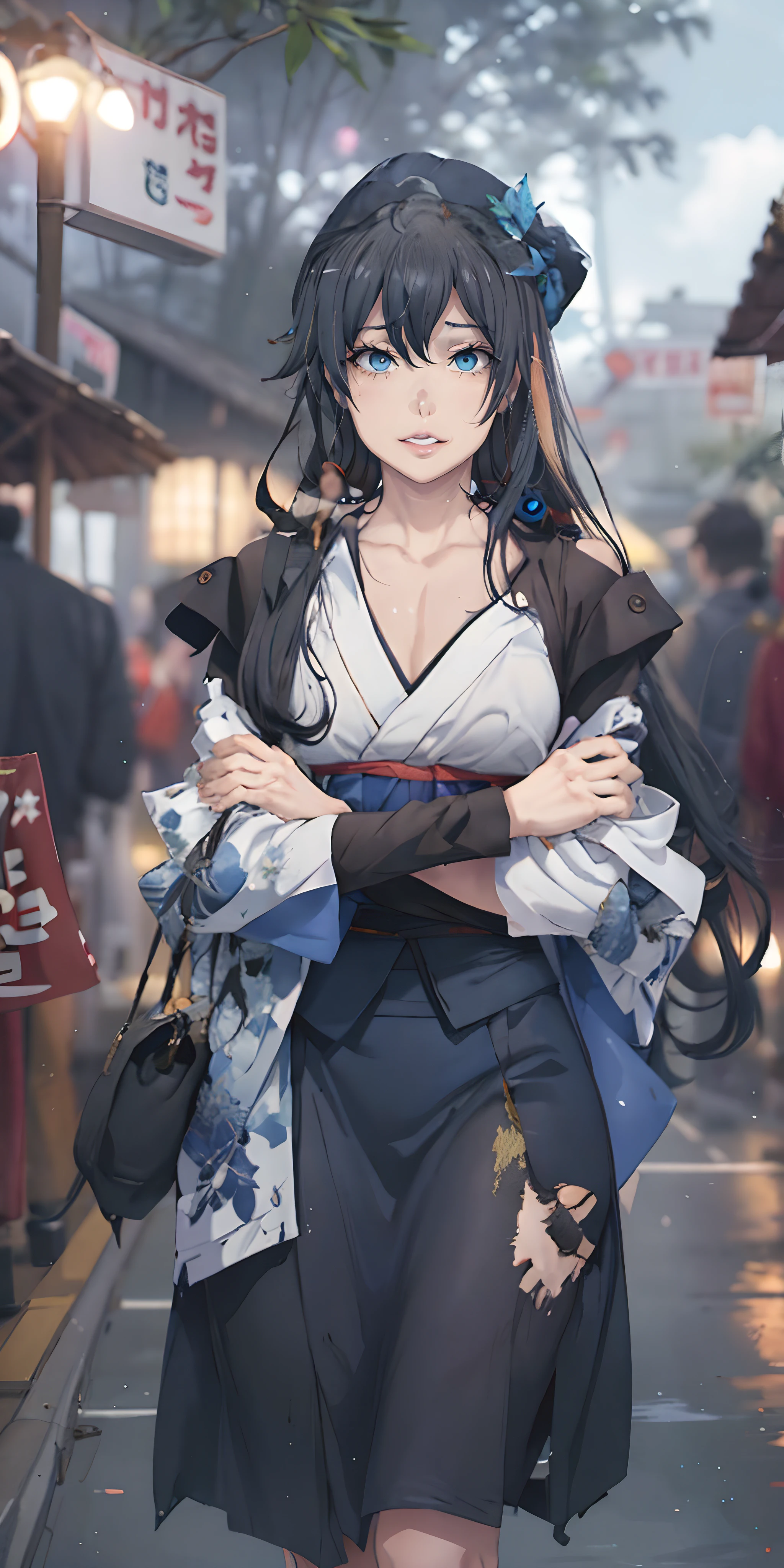 yukinoshita yukino, (long hair, black hair:1.5), (blue eyes:1.5), breasts, epic art, fantasy, 1girl, breasts, large_breasts, nature, forest, solo, tree, cleavage, sash, bamboo, bamboo_forest, japanese_clothes, crossed arms, obi, leaf, outdoors, blurry, detached_sleeves, looking_at_viewer, sheath, sleeveless, bare_shoulders, wide_sleeves, depth_of_field, cowboy_shot, kimono, sleeveless_kimono, standing, day, glow effects, godrays, Hand drawn, render, 8k, octane render, cinema 4d, blender, dark, atmospheric 4k ultra detailed, cinematic, Sharp focus, big depth of field, Masterpiece, colors, 3d octane render, 4k, concept art, trending on artstation, hyperrealistic, Vivid colors, extremely detailed CG unity 8k wallpaper, trending on CGSociety, Intricate, High Detail, dramatic, anime coloring, anime screencap, sweating, steaming body, fog