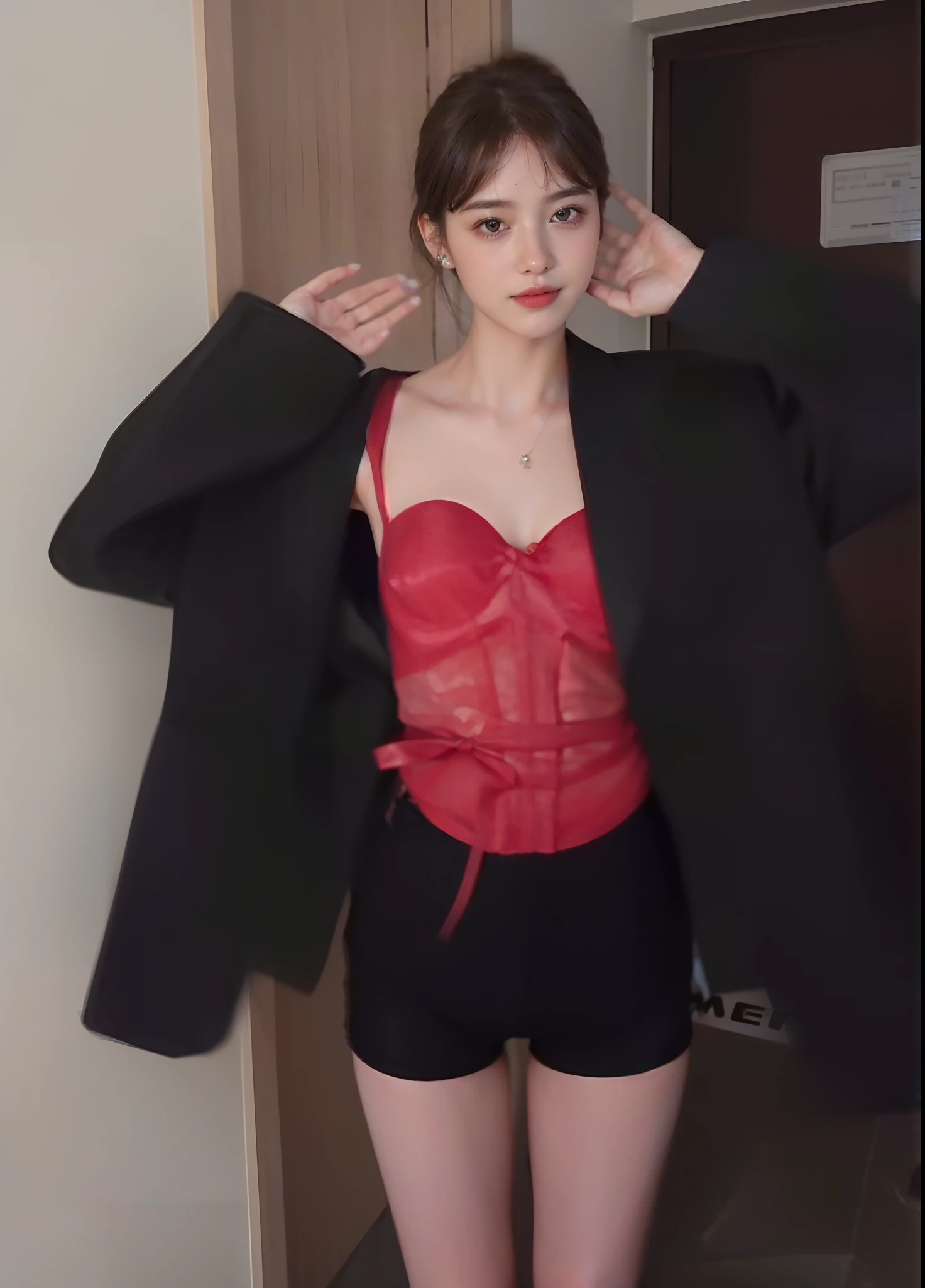 There was a woman in a red dress and a black jacket, wearing a black and red suit, red and black suit, Black and red suit, black and red silk clothing, Girl in suit, Red suit, wearing a black noble suit, wearing fashion suit, girl in a suit, suit, Open V chest clothes, Red jacket, Wearing a red cheongsam
