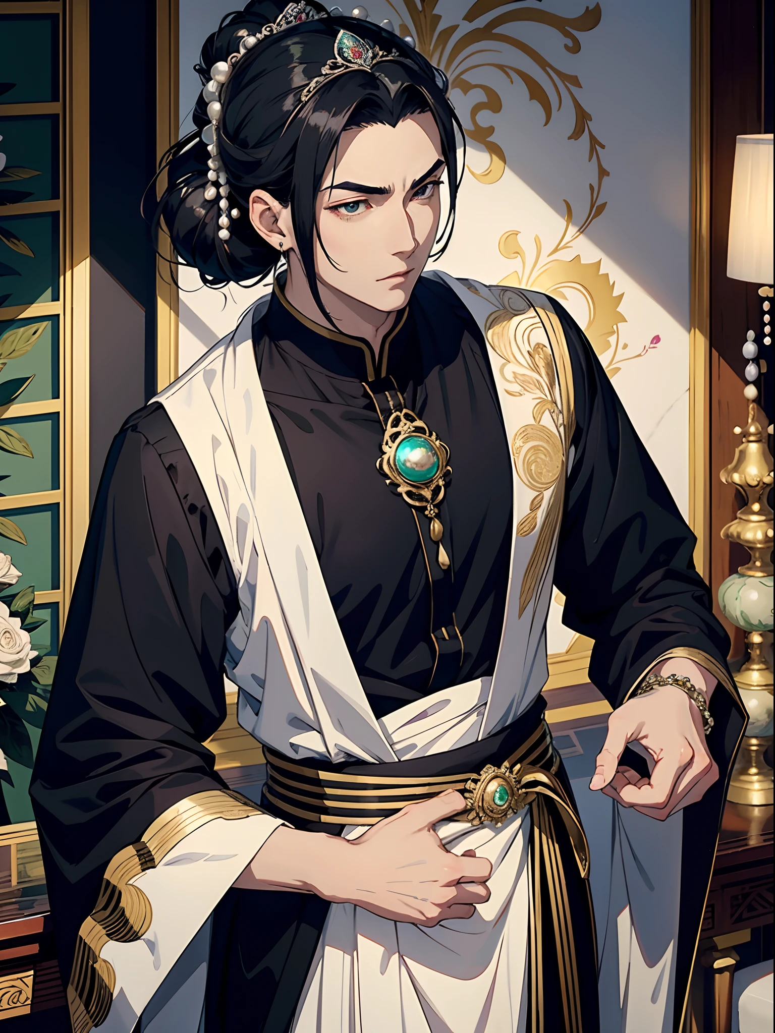 anime handsome man with black hair in bun, emperor, pearls, pearl tiara, brocade, silk, jade, intricate design, marble and jade room