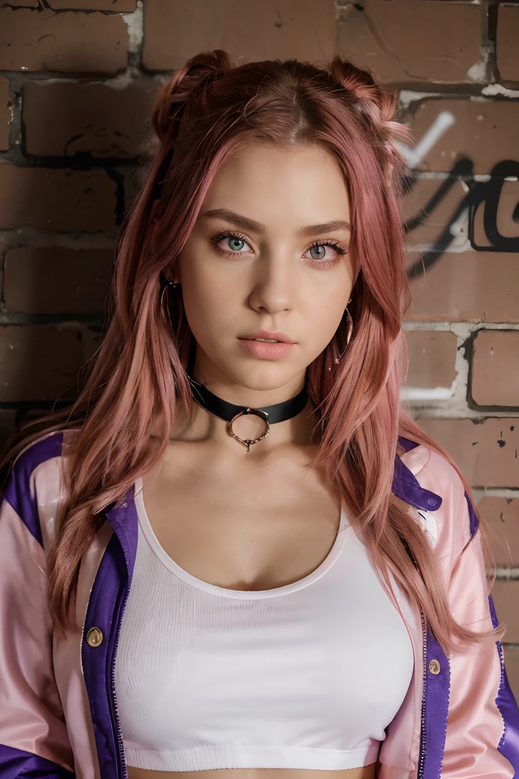 (masterpiece, best quality, 1girl, solo, intricate details, chromatic aberration), realistic, ((huge breath)),long hair, pink hair, red head ornament, pink highlights, hair over one eye,purple eyes, earrings, sharp eyes, choker, neon shirt, open jacket, crop top, (symmetry eyes),(perfect symmetrical body),against wall, brick wall, graffiti, dim lighting, alley ,look at viewer