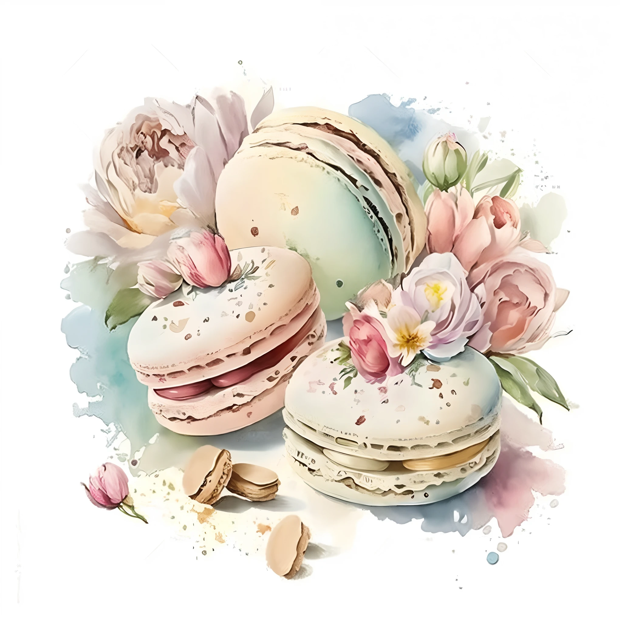 There are three Macaroons with flowers on a white background, Macaroon, pastel-hued, apenas cores pastel, pastel de doces, ๐๐๐โบ๐๐๐, pastel hues, cores pastel, pastel coloring, โค๐ฅ๐๐ช, cores pastel, ๐ ๐ก ๐ ๐ง, โ๏ธ๐จ, pastels colors, pastel-hued
