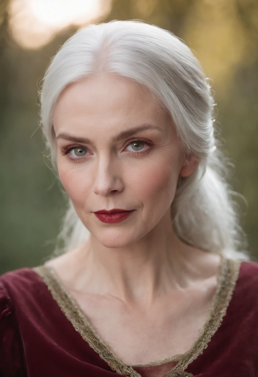(((A deep reddish wound crosses her left cheek))) Fair complexion, Woman about 50 years old, natural white hair, Distinctive green eyes, Wearing Kohl, slender and graceful, Beautiful, Candles in a medieval setting, ultra sharp focus, realistic shot, Medieval women's clothing, Notebook colors (scar:1.4)