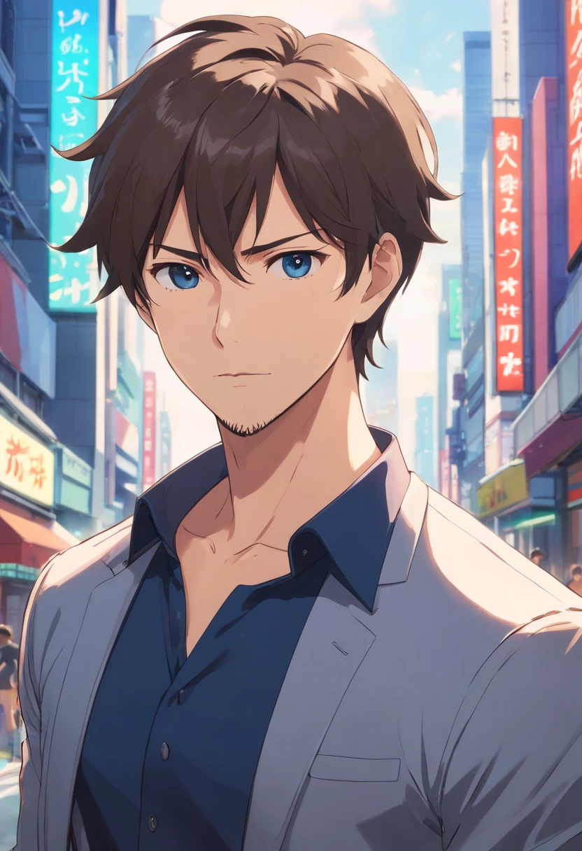 (Front view:1.4),well-groomed beard,40-year-old dandy man,Composition of the upper body,Makoto Shinkai painting style,japanse,comical,A tall man,a beard, Delicate facial features as an actor,Short hair True black hair, Wearing a black long-sleeved Y-shirt, Intense muscles, eyes are brown, The city of Shinjuku