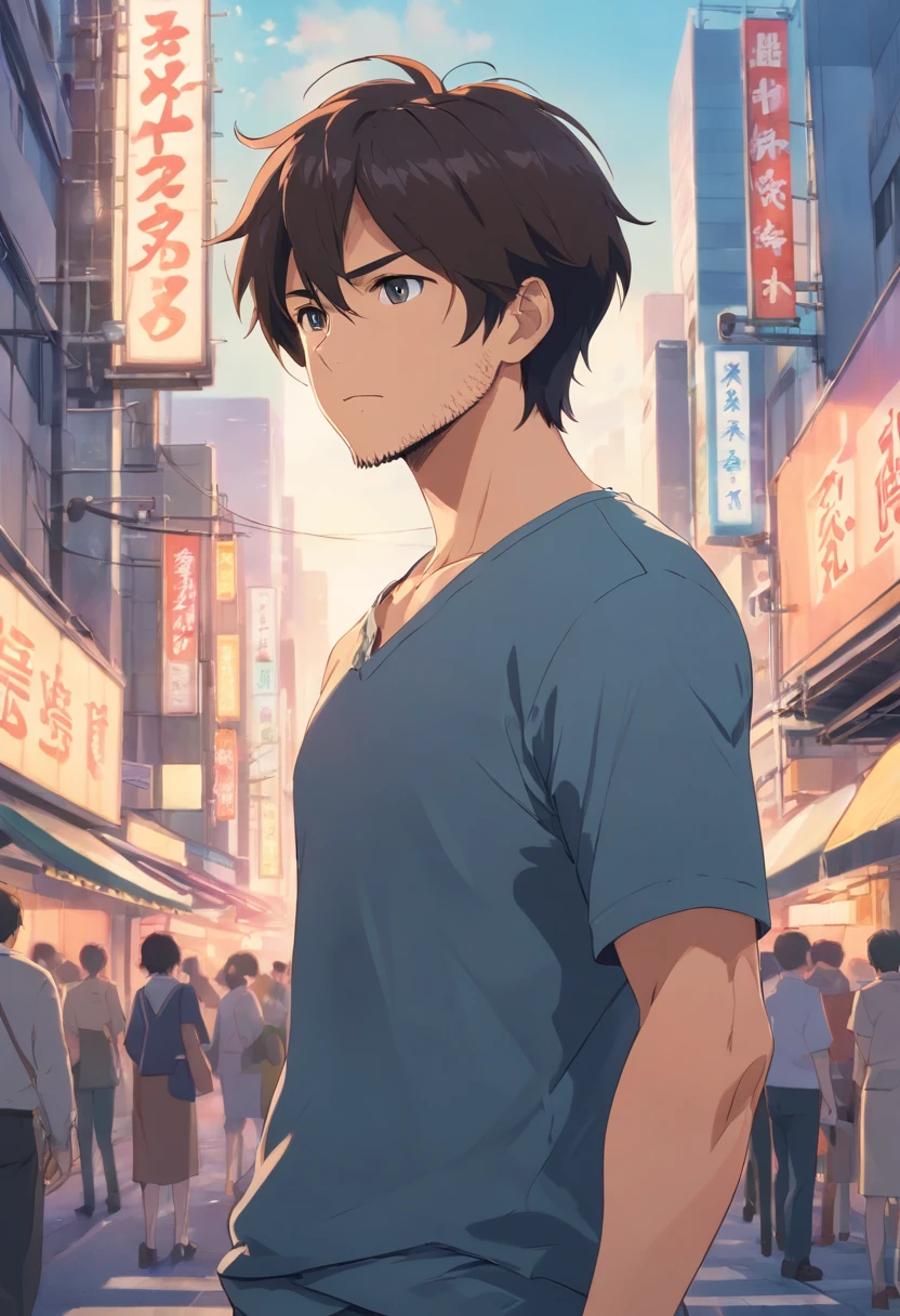 (Front view:1.4),well-groomed beard,40-year-old dandy man,Composition of the upper body,Makoto Shinkai painting style,japanse,comical,A tall man,a beard, Delicate facial features as an actor,Short hair True black hair, Wearing a black long-sleeved Y-shirt, Intense muscles, eyes are brown, The city of Shinjuku