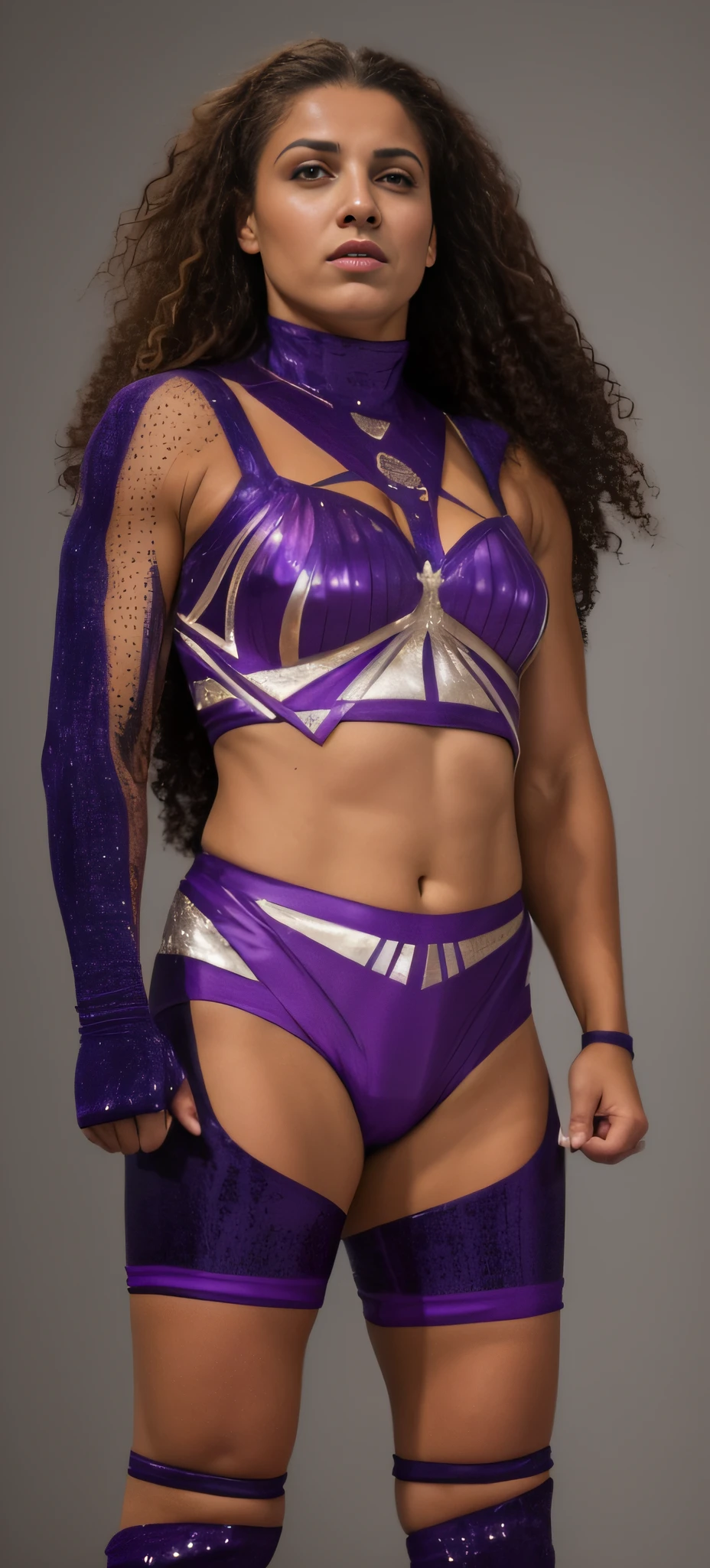 (Best quality,4K,8k,high resolucion,Masterpiece:1.2),Ultra-detailed,(Realstic,photoreallistic,photo-realistic:1.37),Mixed-race woman in a vibrant purple wrestling outfit,illustration,Energetic Poses,ring de lutte,Crowded Stadium,Un public enthousiaste,Spotlights illuminating the stage,Action dynamique,Fierce facial expressions,Coups de pinceau artistiques,Physique puissant,Des reflets chatoyants sur le costume,Des muscles impressionnants,Cheveux volants,Ombres dramatiques,Couleurs vives,Luminous Arena,Heroic Atmosphere
