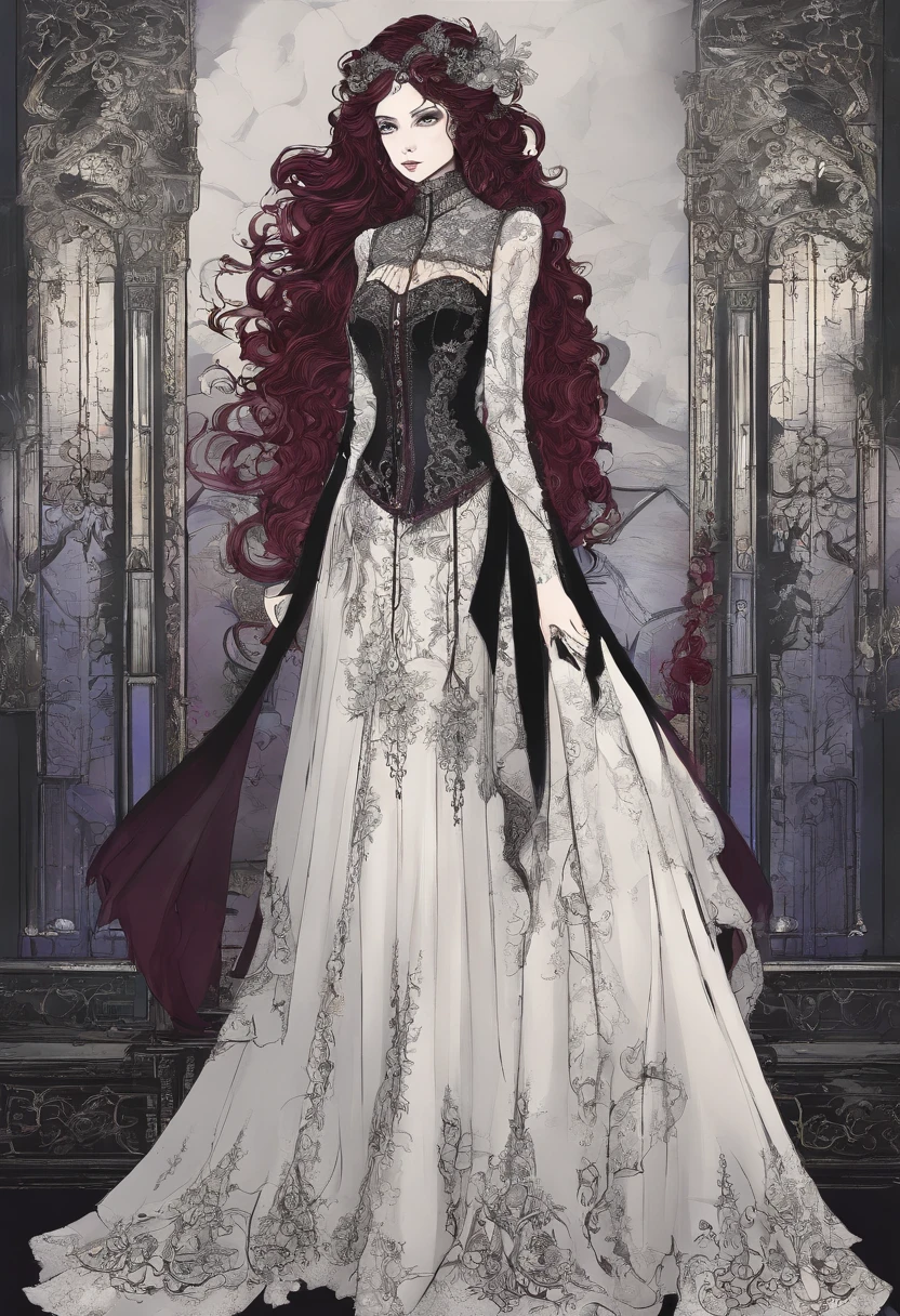 Seraphina is a vision of Gothic elegance, standing at 5'8" with long, onyx hair that cascades down her back like a waterfall of darkness. Her porcelain skin contrasts beautifully with her deep, violet eyes, which seem to hold the wisdom of centuries. Her attire is a blend of Victorian and modern Gothic fashion, featuring intricate lace, corsets, and flowing dresses in shades of deep burgundy and ebony.