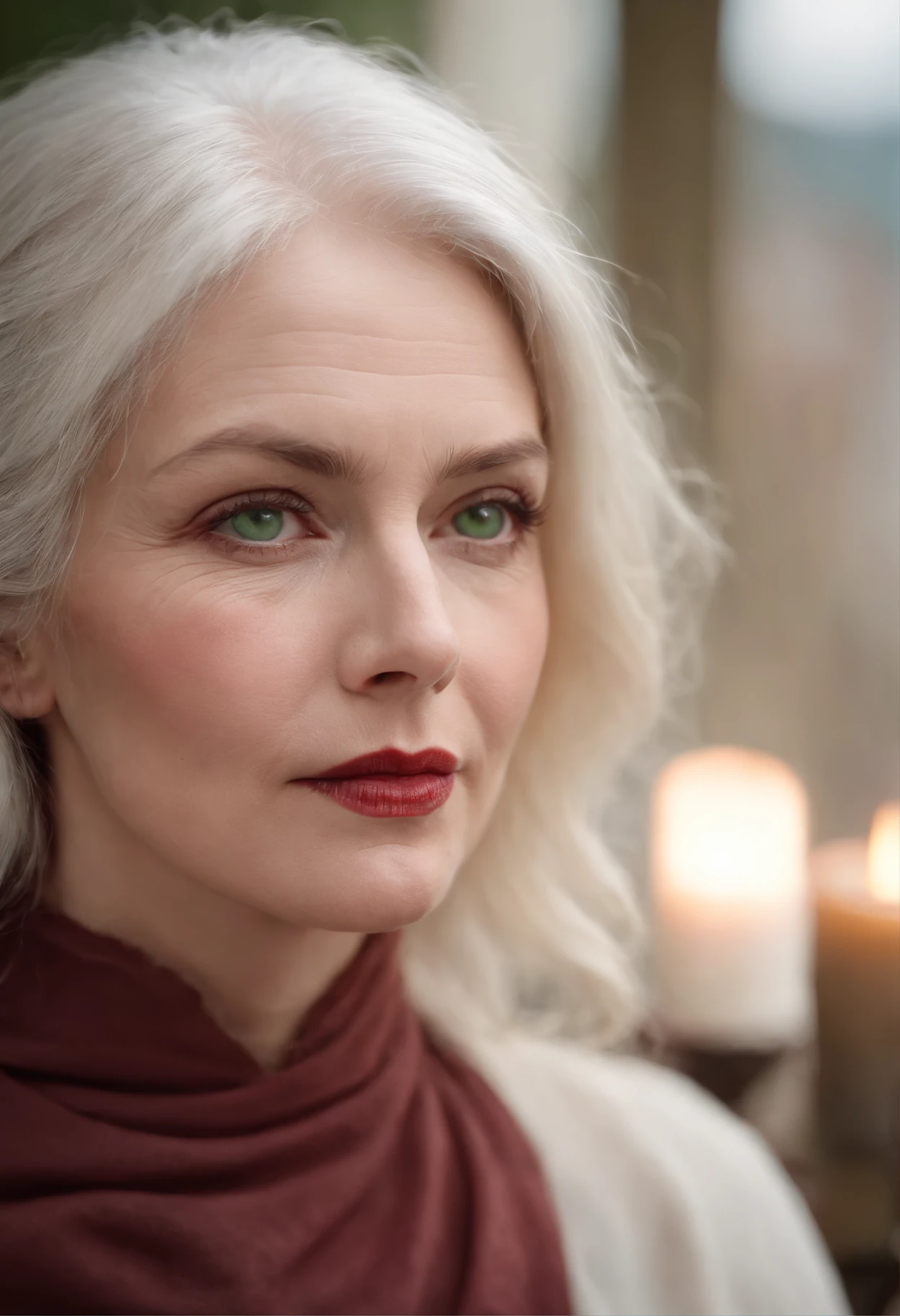 (((A deep reddish wound crosses her left cheek))) Fair complexion, Woman about 50 years old, natural white hair, Distinctive green eyes, Wearing Kohl, slender and graceful, Beautiful, Candles in a medieval setting, ultra sharp focus, realistic shot, Medieval women's clothing, Notebook colors (scar:1.4)