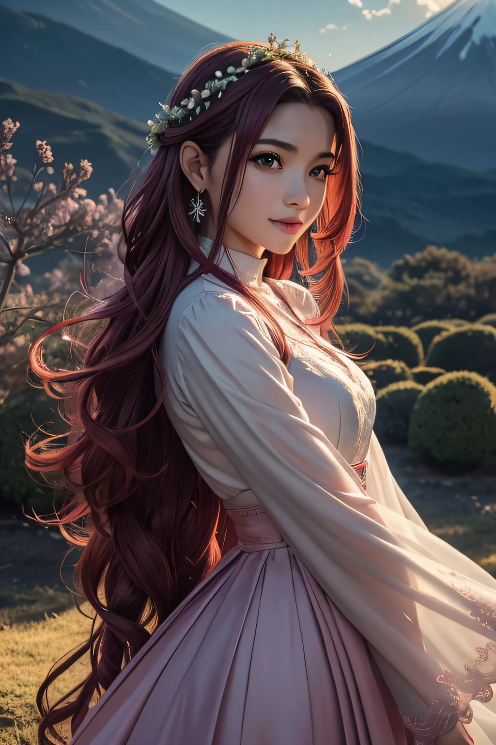 (Altas, ultra-detalhado, Realistic:1.37), Aerith, Final Fantasy, Corpo bonito, belos olhos detalhados, nariz detalhista, red luscious lips, long flowing hair, sorriso radiante, traje real, joias intrincadas, pose graciosa, charming expression, Monte Fuji no fundo, cores vibrantes, soft lighting, atmosfera real, atmosphric perspective, paisagem deslumbrante, nuvens flutuantes, magical aura, beleza atemporal, intricate patterns, ethereal ambiance, contraste marcante, dreamlike quality, cinematic composition, vestido curto, estilo quimono, flor de cerejeira