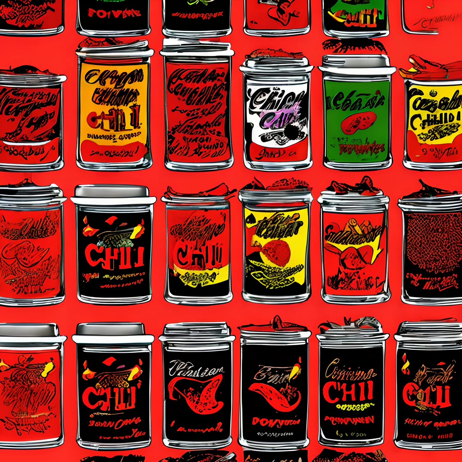(chili pepper:1.3)、(Works like Andy Warhol:1.1)、Painterly、psychedelic、pop-art、Life is hard