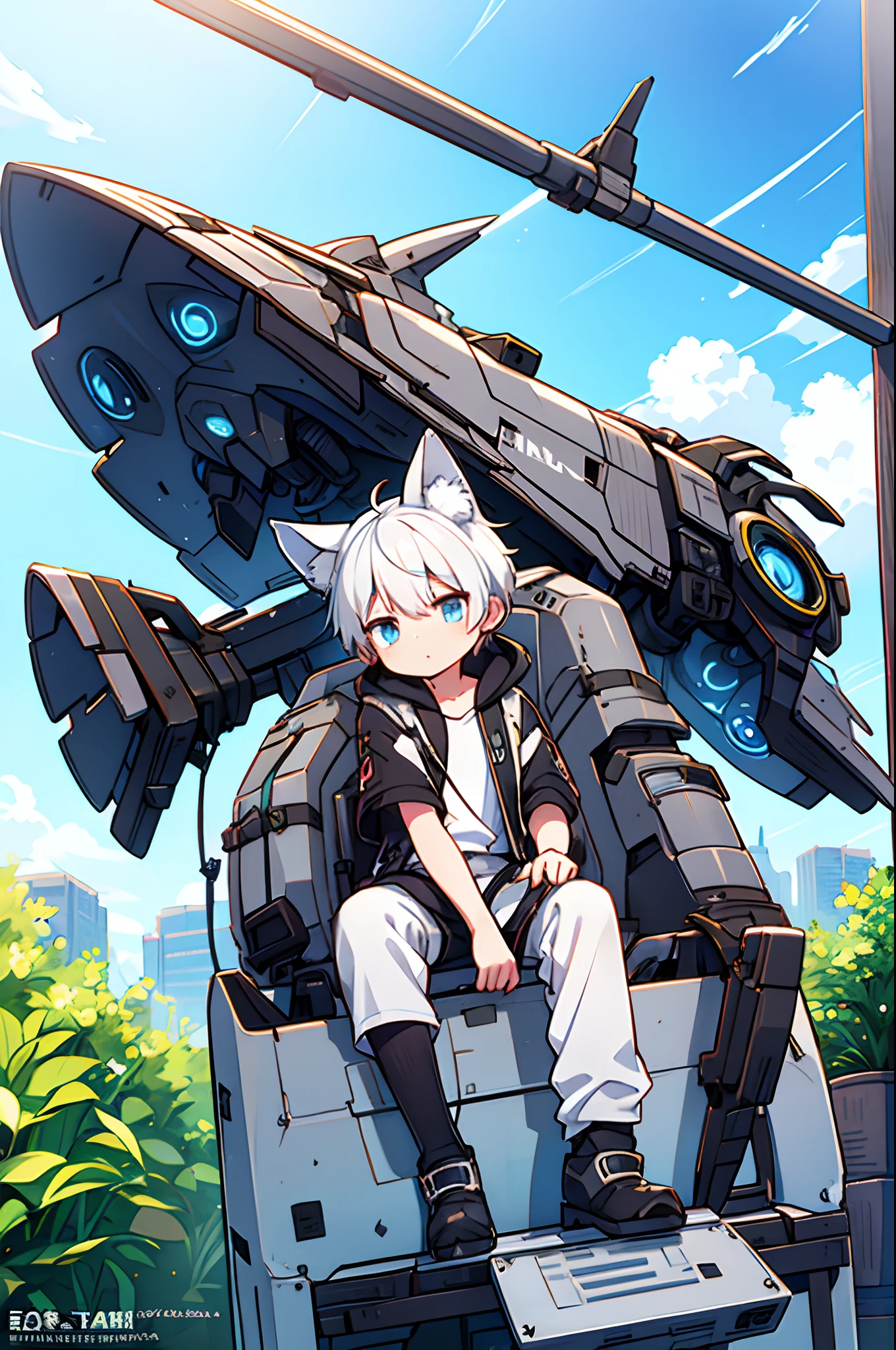 Game CG,8K quality,((younge boy)),Sense of childhood,Anime male protagonist,Wolf ears,Beast tail,Handsome face,Tactical communication goggles,Silvery-white and sky blue dyes,High-tech mechanical full body armor,Back of manipulator,Mechanical combat boots,Full body like,Spread your legs,Defeat,corrupted,Sit down on the ground,Inside the Cosmic Future Factory