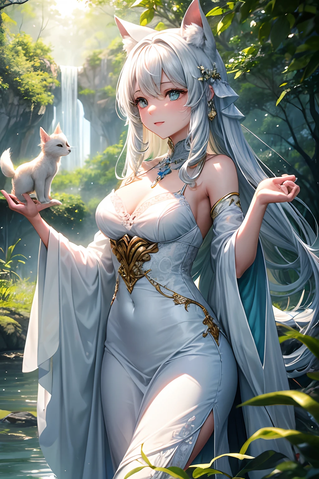 A tall and beautiful woman with white hair, blue eyes, fair skin, 36d, long legs, light blue dragon horns on the top of her head, wearing a white dress, white stockings, sitting by a stream with her feet in the water --auto --s2