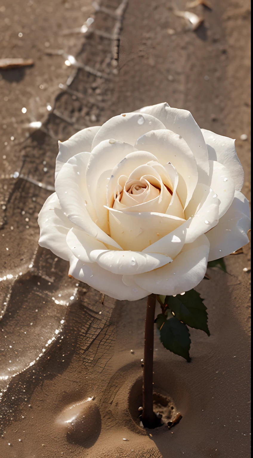 A small perfect white flower rose with small water droplets on the sand in the desert