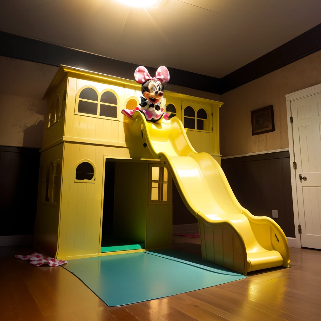 Minnie Mouse costume in a haunted play house in a yellow slide