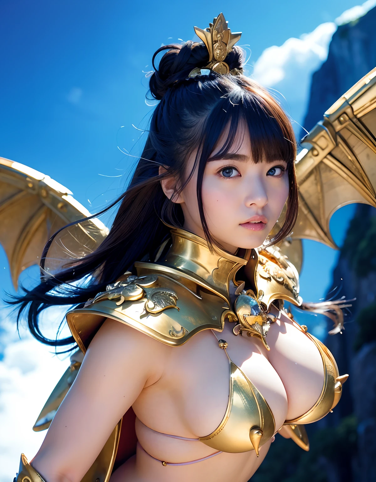Professional , masterpiece、top-quality、photos realistic , 、top-quality、超A high resolution、(Photorealsitic:1.4)、Raw photo、depth of fields (Gemstone Gold Metal Body:1.9),(Matte White、Toostock、heavy breasts、(cleavage of the breast)、(((Micro Bikini Armor))),(Detailed Dragon Armor)、(Have the strongest weapon)、((Random Hairstyles 1.6),Dark Fantasy,)explosions、intense fighting、(Precipitous cliffs),Dragon Gold Weapon,Mystical expression、Particles of light、Fight dragons、(Detailed Dragon Helmet),Gorgeous Silver Weapons ,(( Dragon's dense and gorgeous sword)) , Beautiful knife ,warhammer 40k ,Detail and gorgeous tiaras、((Blue hair))、(Castle background)、、((Gangle's forest background))、Beautiful Caucasian beauty、1a person、dynamic ungle,(((With detailed shielding)))、Smaller head、A smile、Castle background、Thin and beautiful female hands、cleavage of the breast、Soldier in iron armor on background、Mystical expression、Light Effects、intense fighting、Wind-effect、magic circles、With the legendary magic wand、(demonic wings)、Toostock、