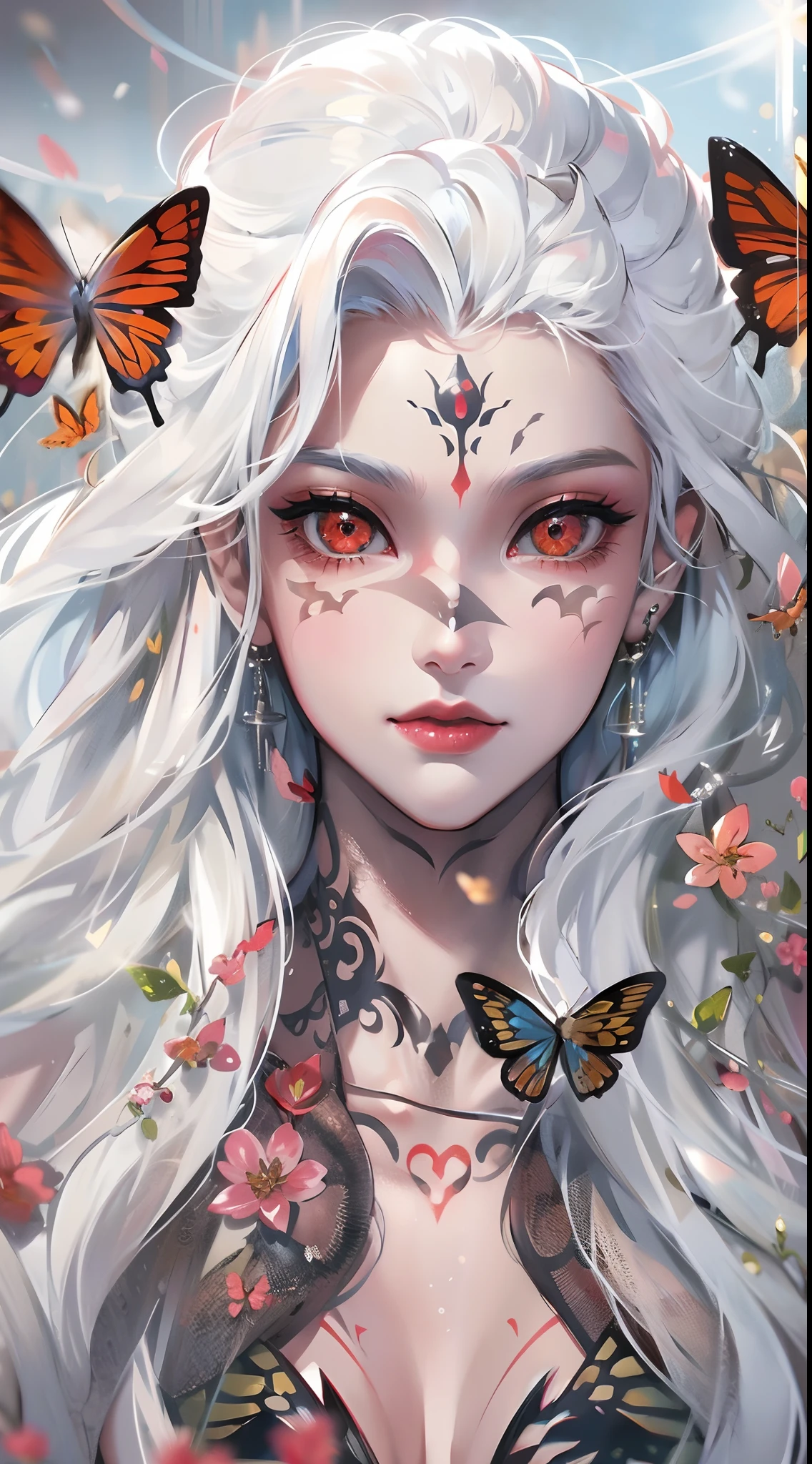 The most beautiful and sexy demon goddess, long platinum white hair, vibrant glowing red eyes, huge enormously gigantic tits, cleavage showing, tons of tattoos and piercings, Everything is connected, Flowing energy, Spiritual, chaotic, psychedelic, atmospheric, enchanted, Divine, Dreamlike, cosmic, concept-art, mind blowing, Feminine beauty, Goddess, pineal gland, DreamlikeArt, cherry blossoms, butterflies