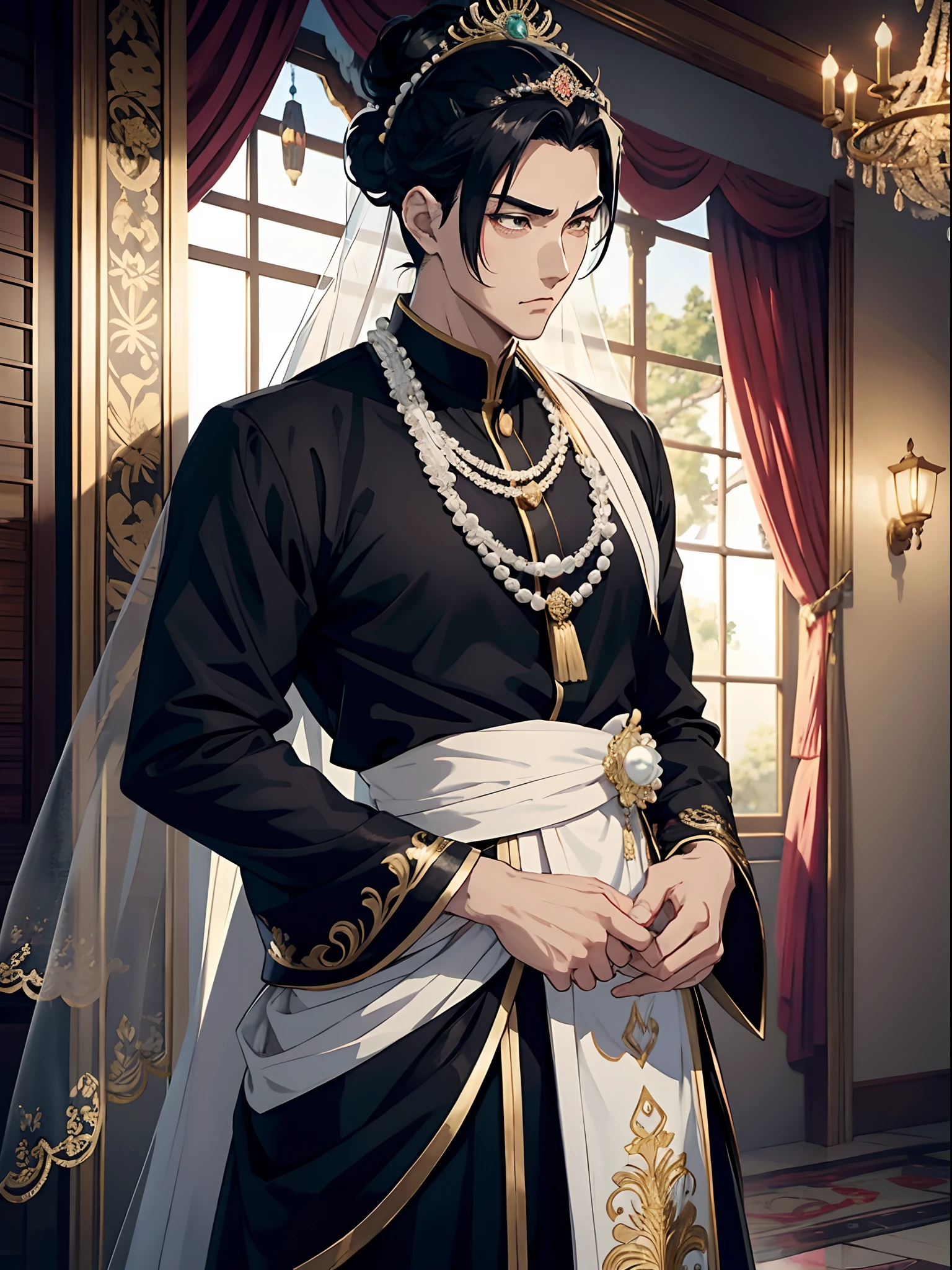 anime handsome man with black hair in bun, emperor, pearls, pearl tiara with hangings, brocade, silk, jade, intricate design, wedding veil