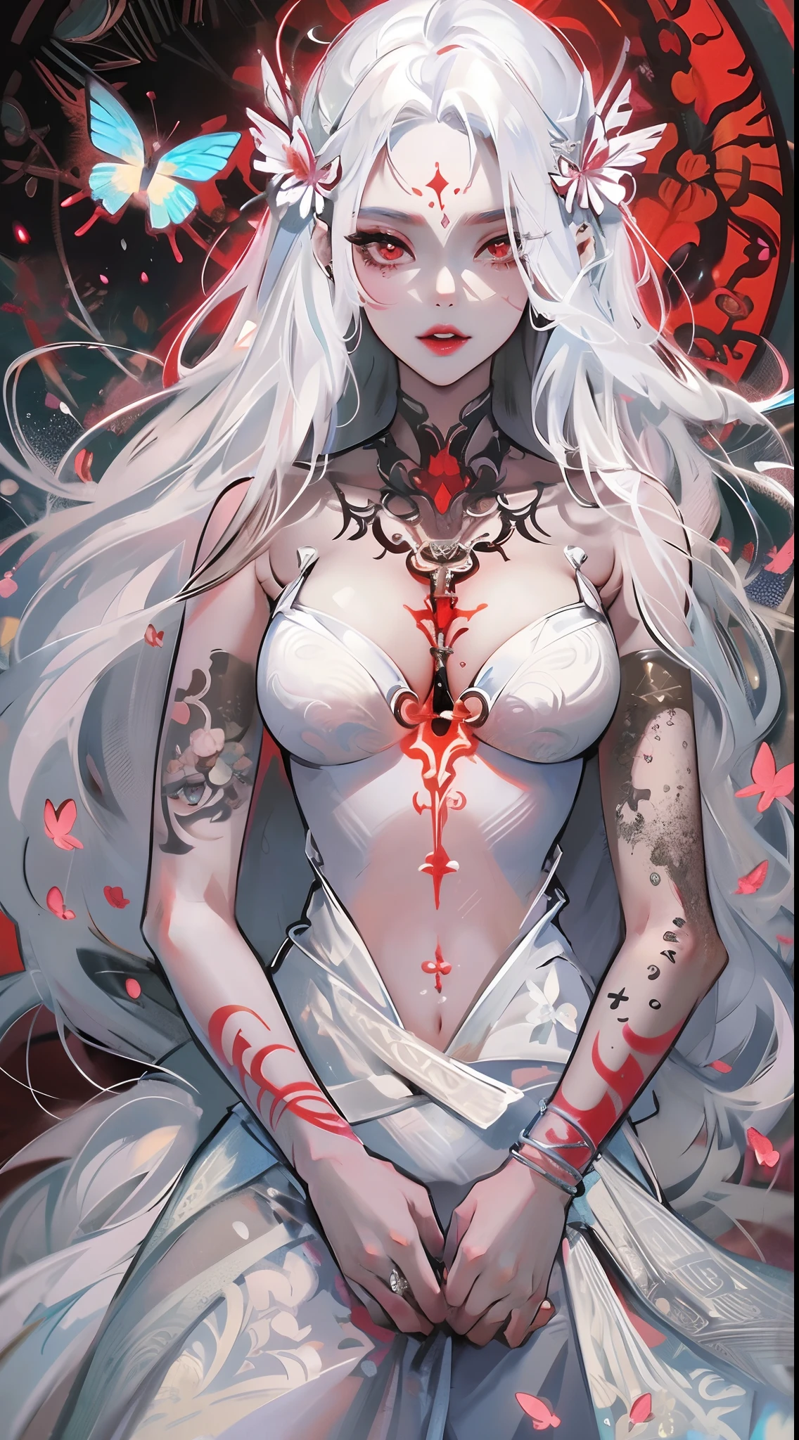 The most beautiful and sexy demon goddess, long platinum white hair, vibrant glowing red eyes, huge enormously gigantic tits, cleavage showing, tons of tattoos and piercings, Everything is connected, Flowing energy, Spiritual, chaotic, psychedelic, atmospheric, enchanted, Divine, Dreamlike, cosmic, concept-art, mind blowing, Feminine beauty, Goddess, pineal gland, DreamlikeArt, cherry blossoms, butterflies