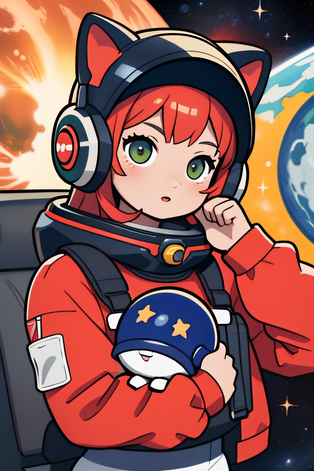 4k,multissimo detalhado, adacionar_detalhe:1,alta qualidade Gato cor vermelho, com capacete de astronauta, cosmic space, fundo preto