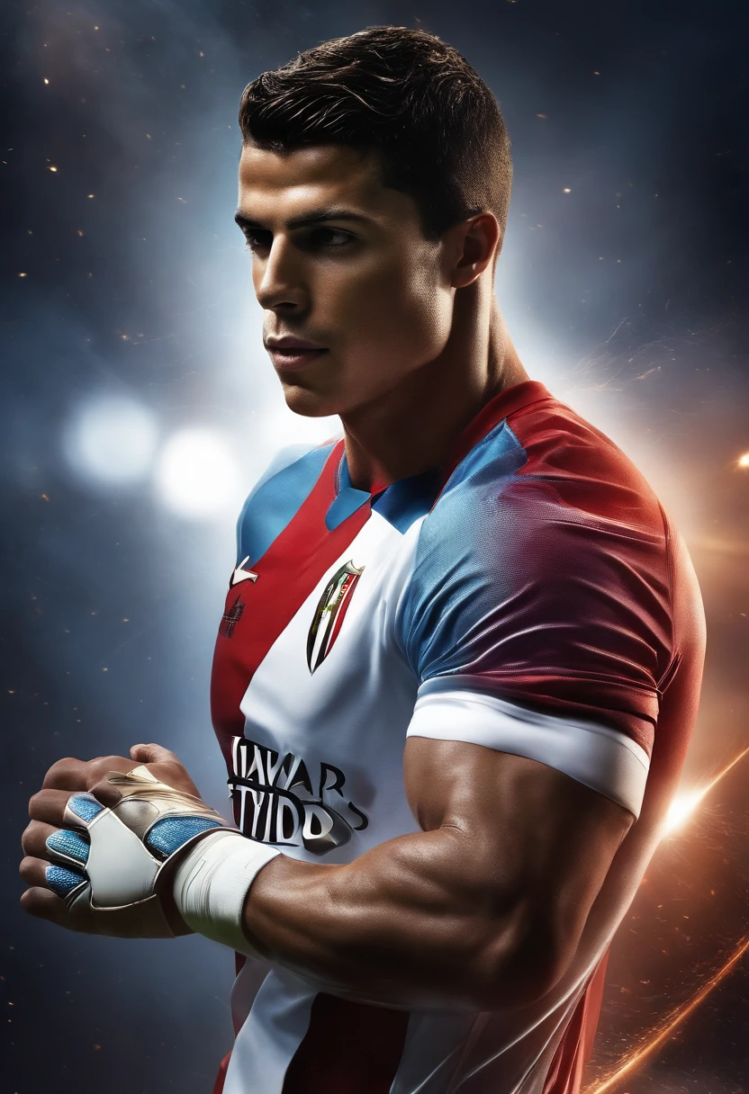 crtistiano ronaldo like a avenger, olhos claros brilhantes, Biomechanicals, estranho, assustador, Pesadelo, cores muito brilhantes, light particles, com luz brilhante, Mshiff, Arte do papel de parede, Papel de parede UHD