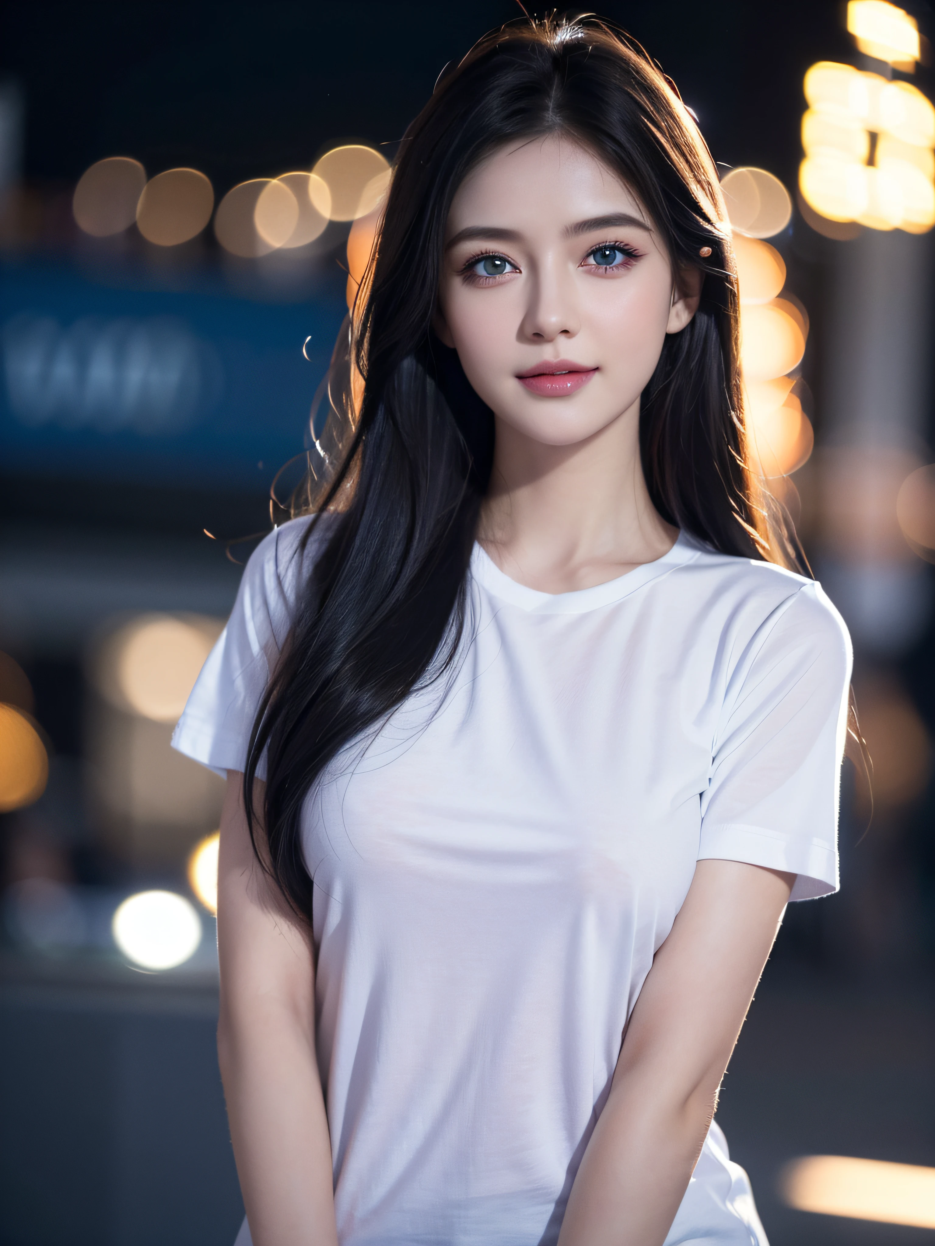 1girl, ultra realistic, ultra detail, photo realistic, reaistic, 4k, blue eyes, dark hair, realistic hair, beauty make up, nice chest, white tshirt, smilling, perfect eyes, perfect lip, background night city bokeh, profesional lighting