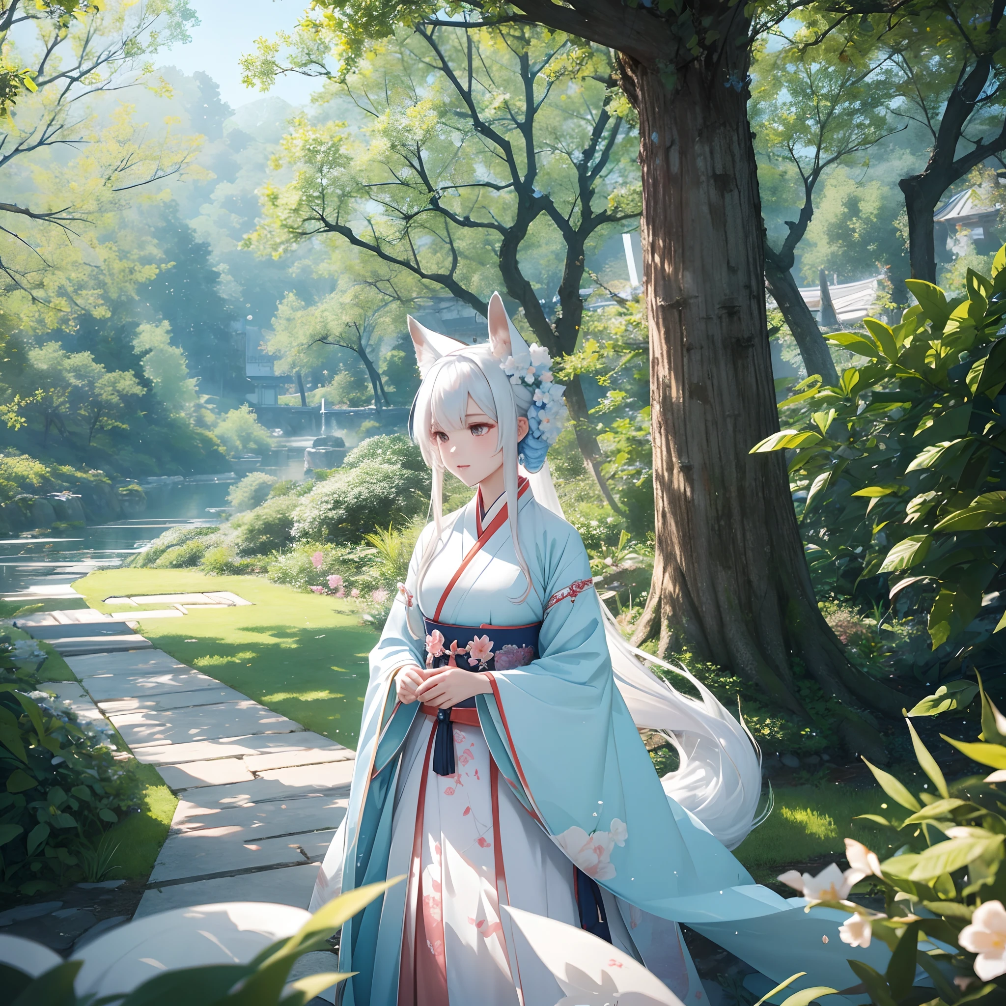 Hanfu dress,White fox,Wearing a cyan cloth,flight,POV perspective,Exaggerated perspective,Amazing moments,With realistic style and ultra-detailed rendering,Fixed peach blossom forest scene