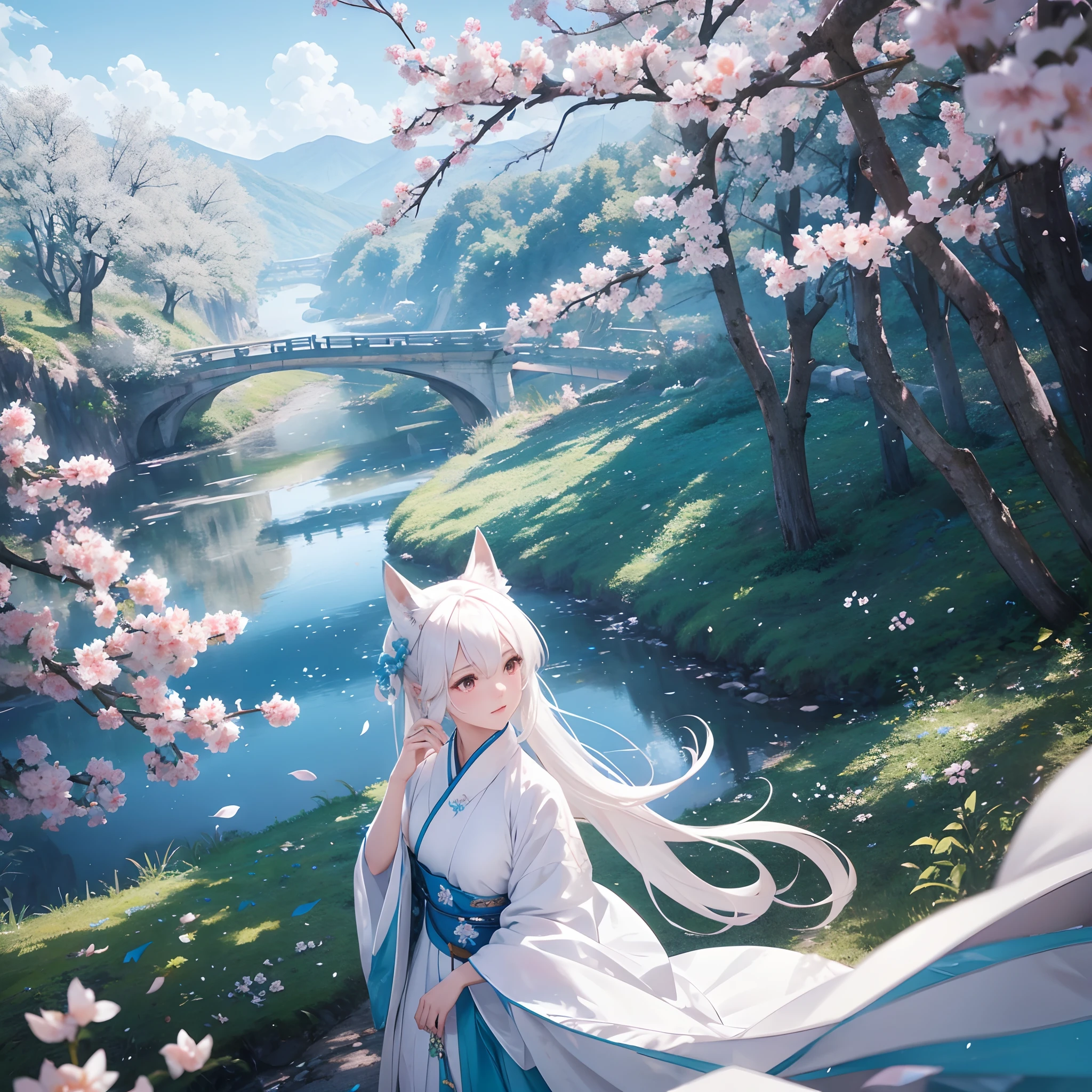 Hanfu dress,White fox,Wearing a cyan cloth,flight,POV perspective,Exaggerated perspective,Amazing moments,With realistic style and ultra-detailed rendering,Fixed peach blossom forest scene