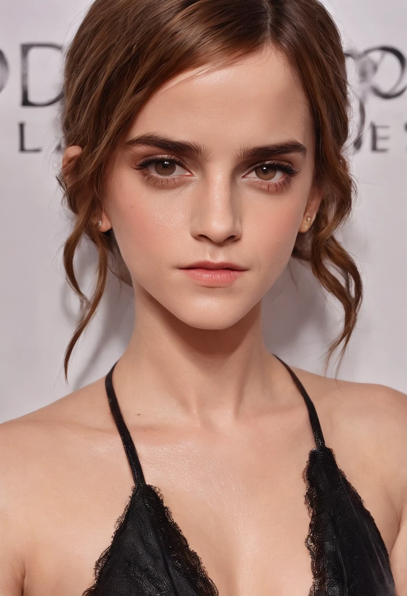 Emma Watson without clothes, (oiled skin:1.5), no bra, pokies, puffies, pointy breasts, hard_nips, low cut neckline, ample cleavage, seductive, cowboy shot, 8k, exposed breasts, huge breasts, (enormous breasts:1.3), (very thin waist:1.3), hourglass figure