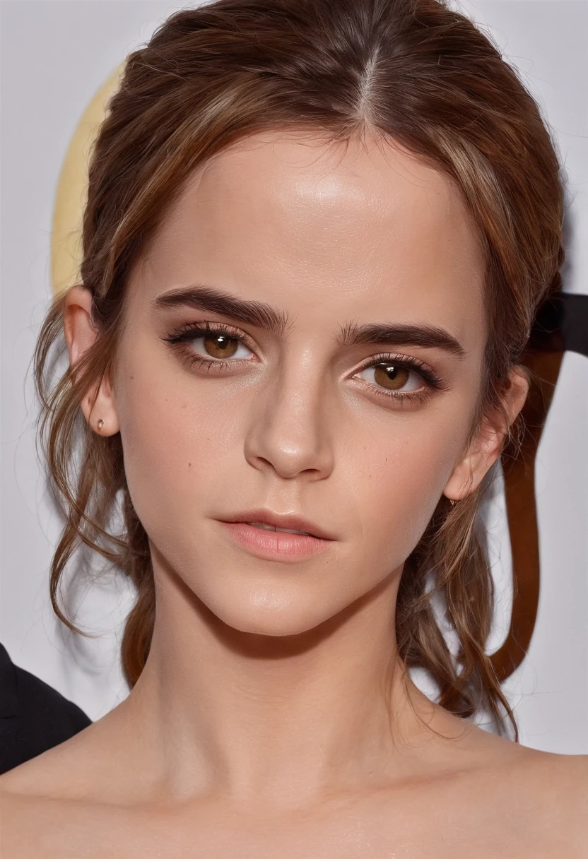 Emma Watson without clothes, (oiled skin:1.5), no bra, pokies, puffies, pointy breasts, hard_nips, low cut neckline, ample cleavage, seductive, cowboy shot, 8k, exposed breasts, huge breasts, (enormous breasts:1.3), (very thin waist:1.3), hourglass figure