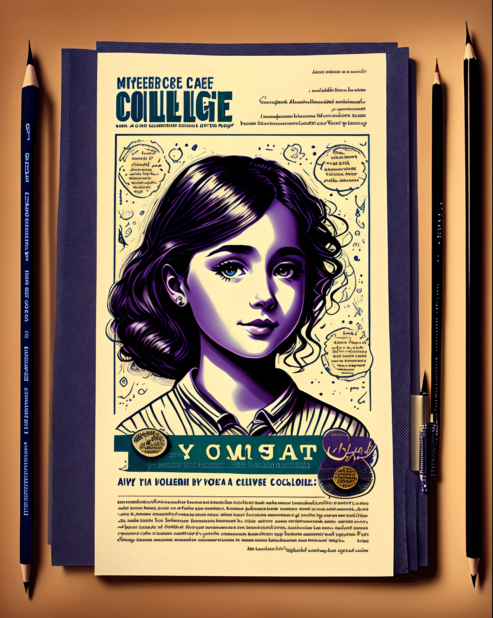 Make an illustration for a for a alumni college magazine. The theme should be a yearbook with writing and messages. Non realistic artwork.