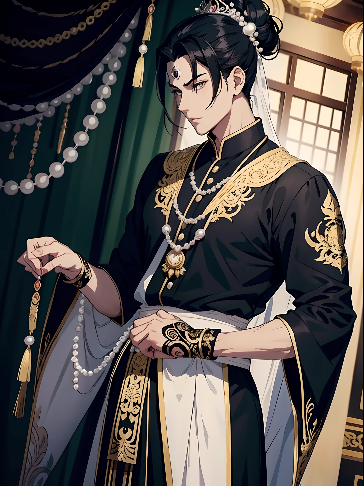 anime handsome man with black hair in bun, emperor, pearls, pearl tiara with hangings, brocade, silk, jade, intricate design, wedding veil