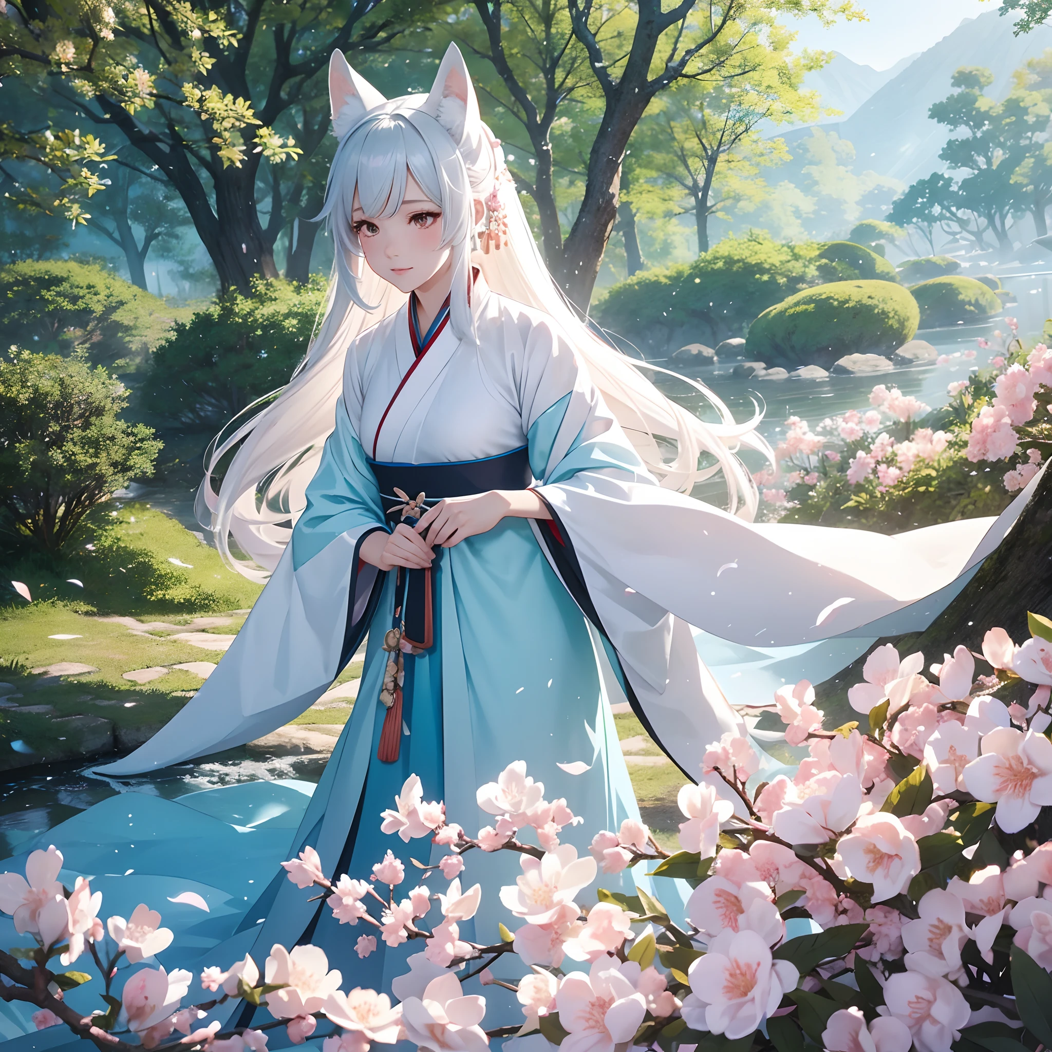 Hanfu dress,White fox,Wearing a cyan cloth,flight,POV perspective,Exaggerated perspective,Amazing moments,With realistic style and ultra-detailed rendering,Fixed peach blossom forest scene