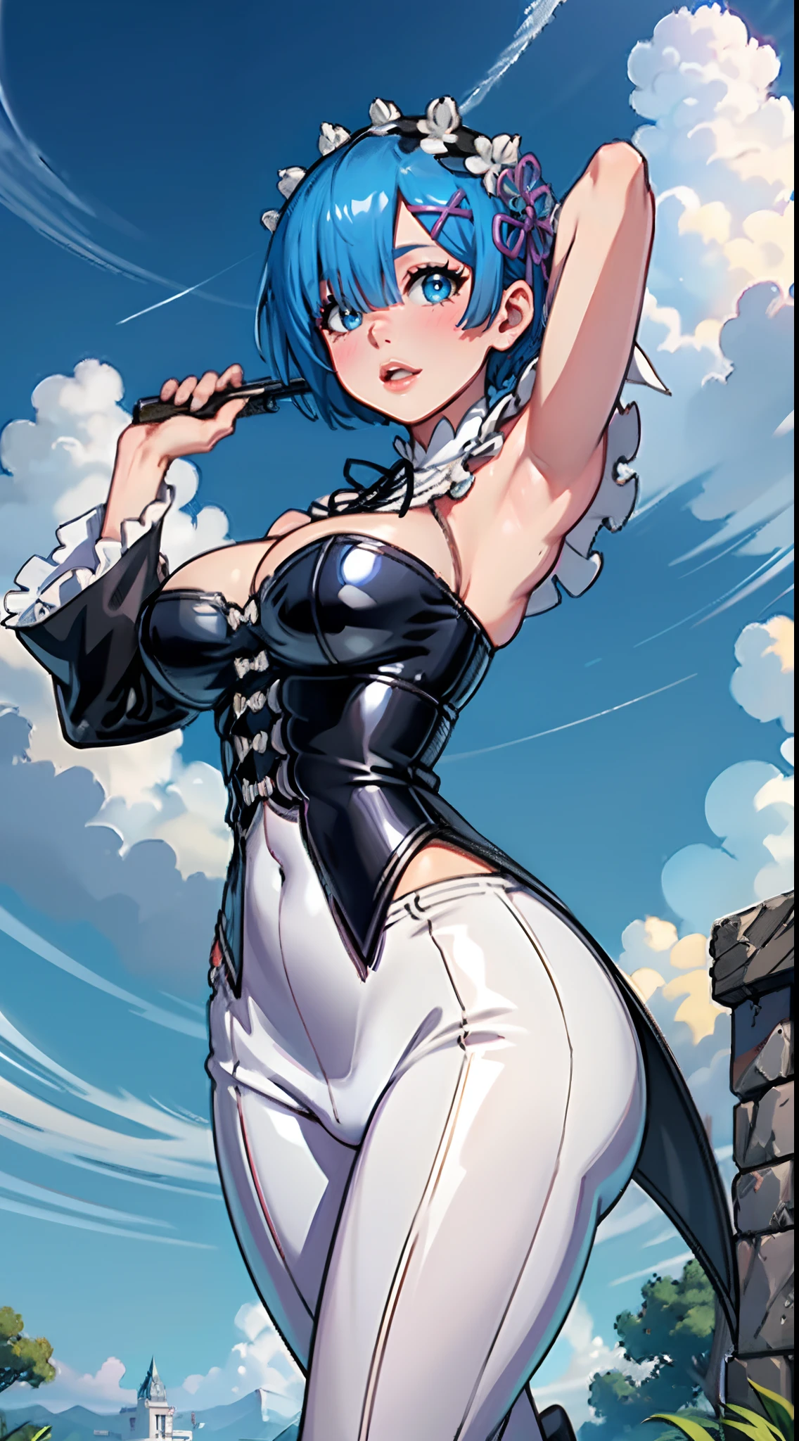 (best quality:1.3), (4k quality), 1 mature woman, rem by re:zero, curvy body, ((Detailed face)), (blush), pants leather,  blue sky