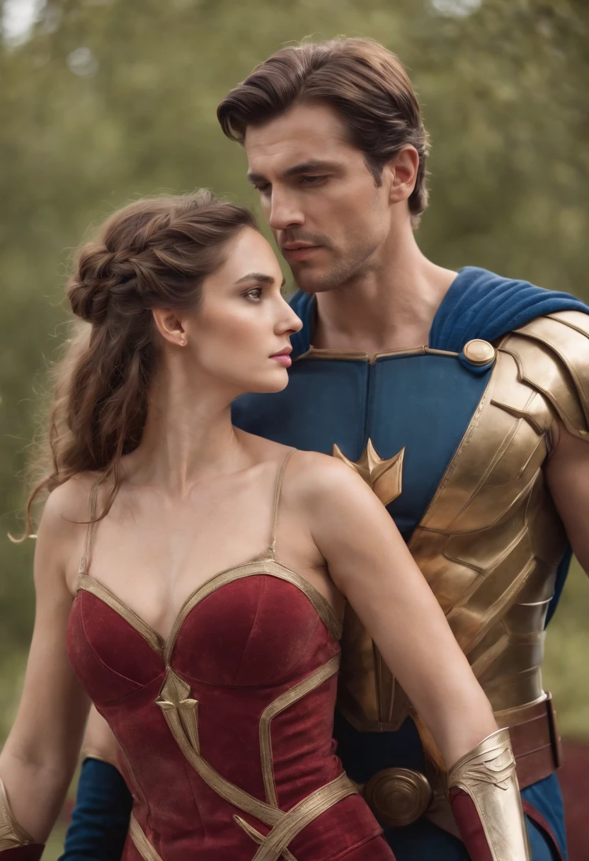 Greek God Superhero saving a beautiful woman, detailed hairstyle, detailed background, shallow depth of field, photorealistic, cinematic light