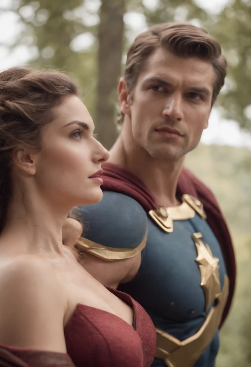 Greek God Superhero saving a beautiful woman, detailed hairstyle, detailed background, shallow depth of field, photorealistic, cinematic light
