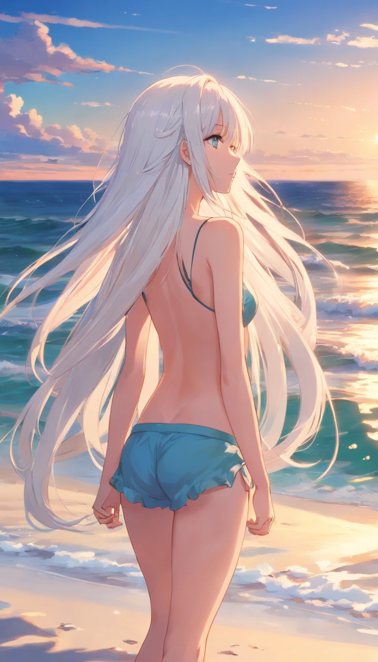 Beach，Look up，long white hair，Full body, Dark、Looking at the camera、nude