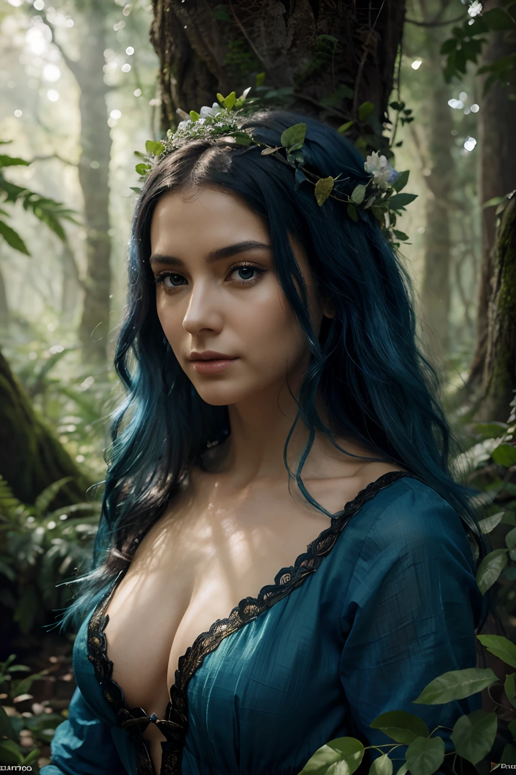 The divine Dryad of the Forest is depicted with powerful expression in this high-definition work of concept art. In the midst of a scenery full of roots, flores crescidas e uma aura hipnotizante de luzes de aro, She stands out with her flowing, richly detailed blue hair. Digital painting exhibits a level of detail comparable to the work of renowned artists, como Artgerm, Paul Lewin e Kehinde Wiley. This fantasy art portrait is truly majestic, Mysterious and breathtaking, immersing us in a vibrant and fantastical world, reminiscente de contos de fadas. The intricate details of the forest's flora are visually stunning, creating a matte painting that stands out as a trend on ArtStation.