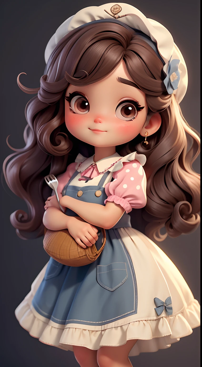 Create a series of chibi style dolls with a cute vintage chic theme, each with lots of detail and in an 8K resolution. All dolls should follow the same solid background pattern and be complete in the image, mostrando o (corpo inteiro, incluindo as pernas: 1.5)

Boneca Aprendiz de Bruxa: Chame-a de Mia. She must have medium wavy brown hair. Seus olhos devem ser grandes e curiosos, with long eyelashes and slightly pinkish cheeks. Mia should be dressed in a delicate dress and a polka-dot blouse and a delicate and beautiful hat. She should hold delicate and thin accessories. Add details like pockets and ruffles to the apron to make it even more charming, sapato bonito

Certifique-se de adicionar sombras, texturas e detalhes nos cabelos, roupas, Beautiful utensils, to make them even more adorable and charming.