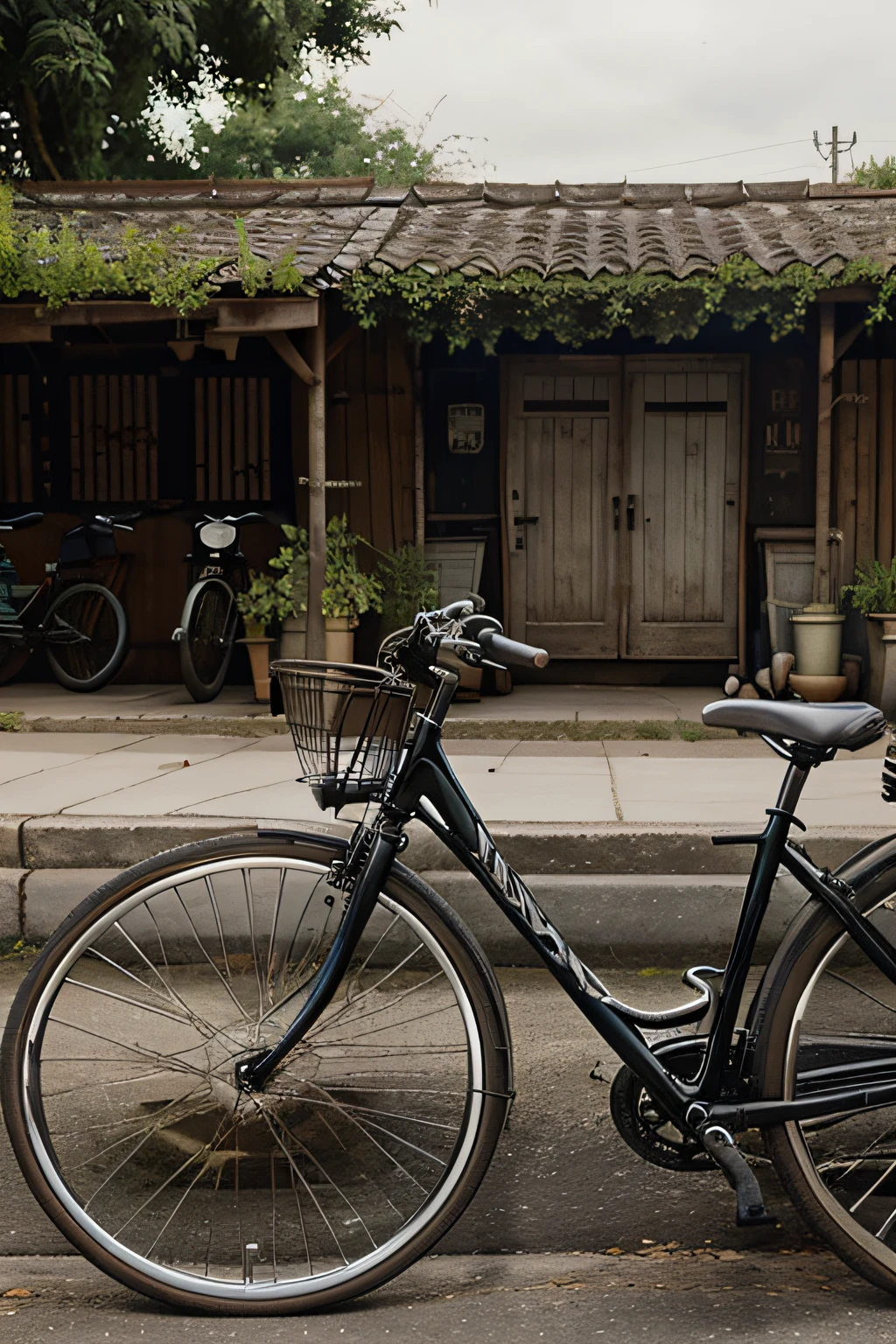 Two bikes are old, are parked next to each other and are the main image. They have the classic shape of a bicycle, with thin tires and handlebars.