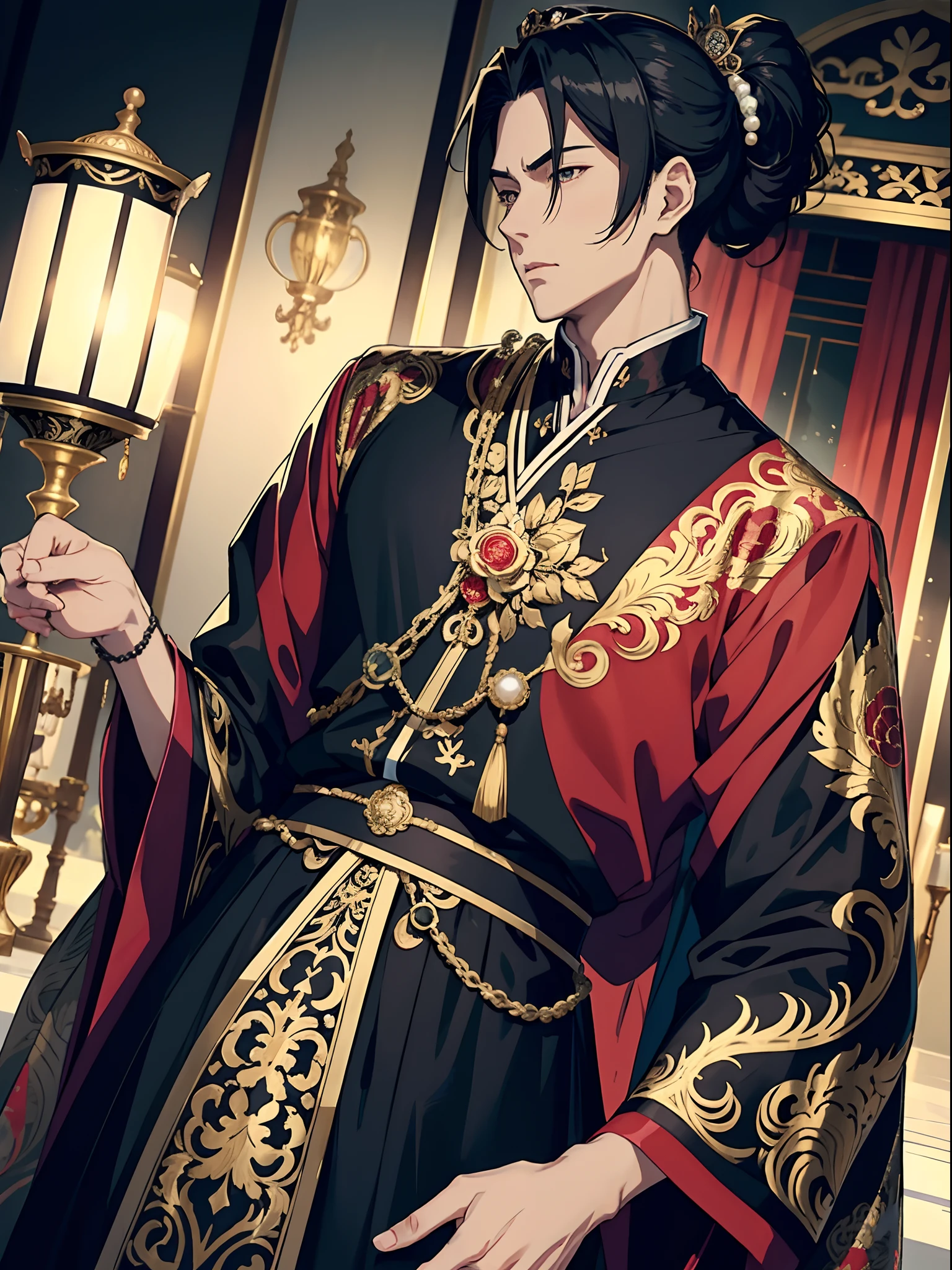 anime handsome man with black ponytail, emperor, pearls, tiara, brocade, silk, jade, intricate design, marble and jade, red clothes