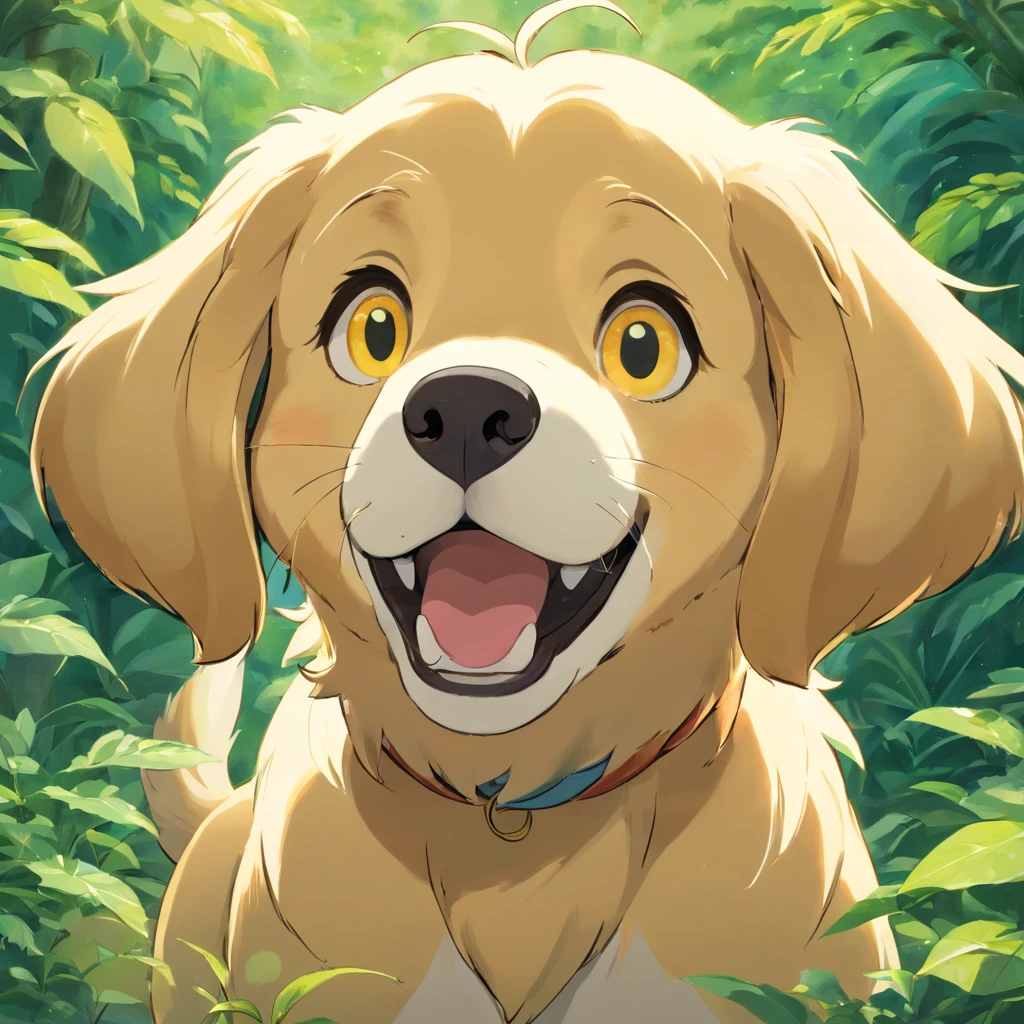 A golden retreiver looking at the camera with a look of surprise and confusion, Looking with his head turned sideways, num lindo jardim