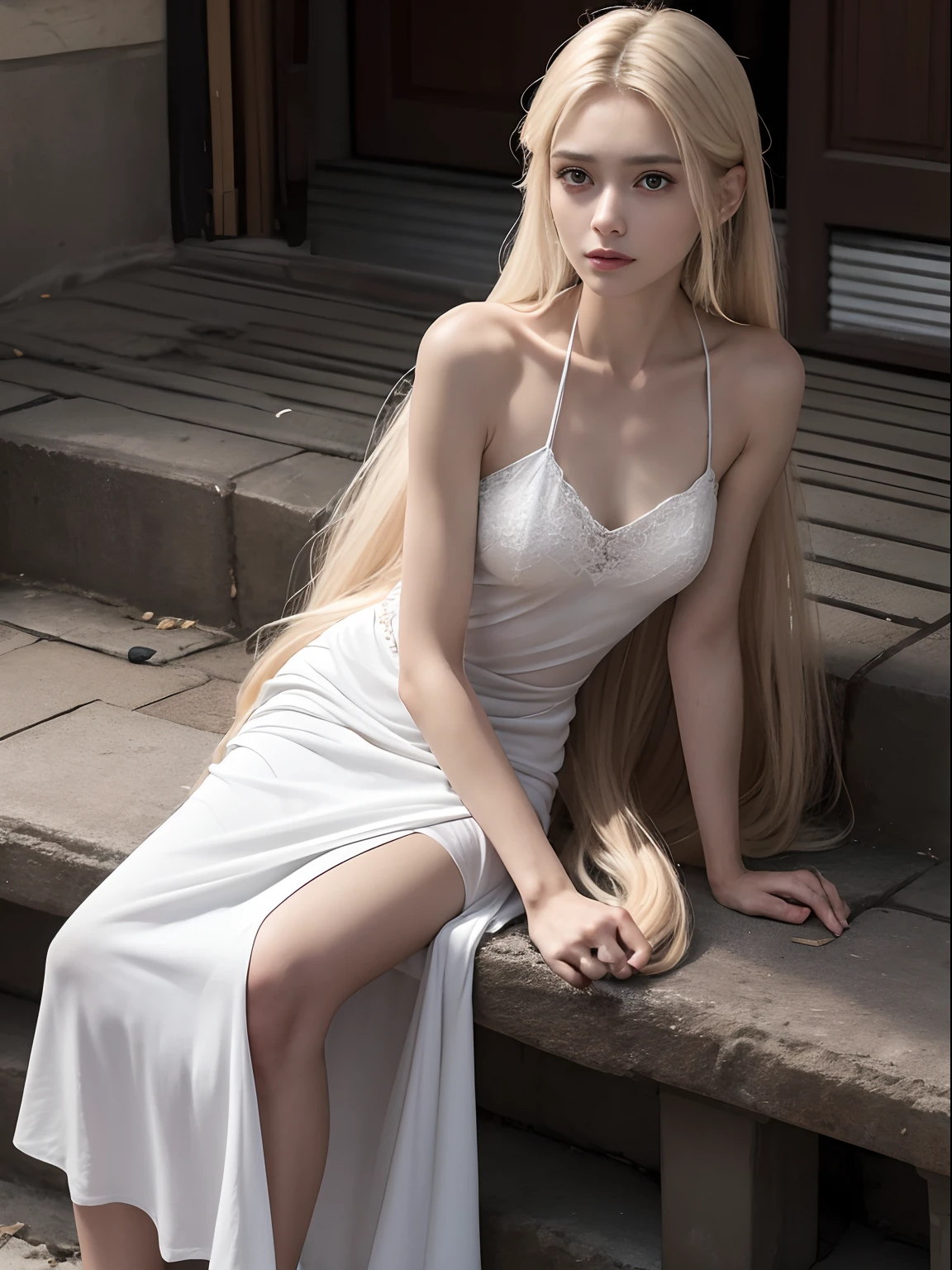 (Photorealistic),(Masterpiece),(ultra-detailed),a very pretty 20 year old girl who has not eaten for 10 years, extremely thin and frail, arm and legs extremely thin as a stick with no fat, smiling faintly, feeling but enduring extreme hunger, wearing a long and loose silky white dress, long hair,big eyes, extremely small face,have almost no fat,extremely weak,whole body,extremely feeble,sitting,legs extremely thin as arms,have almost no energy because she is starving, struggling to sit up,almost starving to death