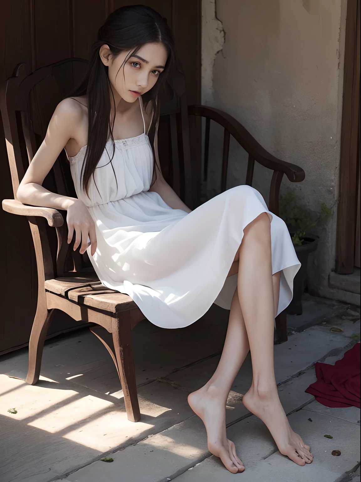 (Photorealistic),(Masterpiece),(ultra-detailed),a very pretty 20 year old girl who has not eaten for 10 years, extremely thin and frail, arm and legs extremely thin as a stick with no fat, smiling faintly, feeling but enduring extreme hunger, wearing a long and loose silky white dress, long hair,big eyes, extremely small face,have almost no fat,extremely weak,whole body,extremely feeble,sitting,legs extremely thin as arms,have almost no energy because she is starving, struggling to sit up,almost starving to death