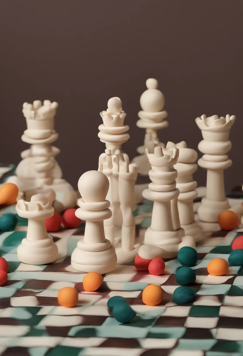 Chess, échequier, pions, tour, fou, reine, roi, cavalier, Clay material, Style de design cartoon, Pop Mart, softlighting, lignes lisses, Tilt-offset lenses, Detailed science fiction illustrations, Hyperrealistic details, couleur chaude