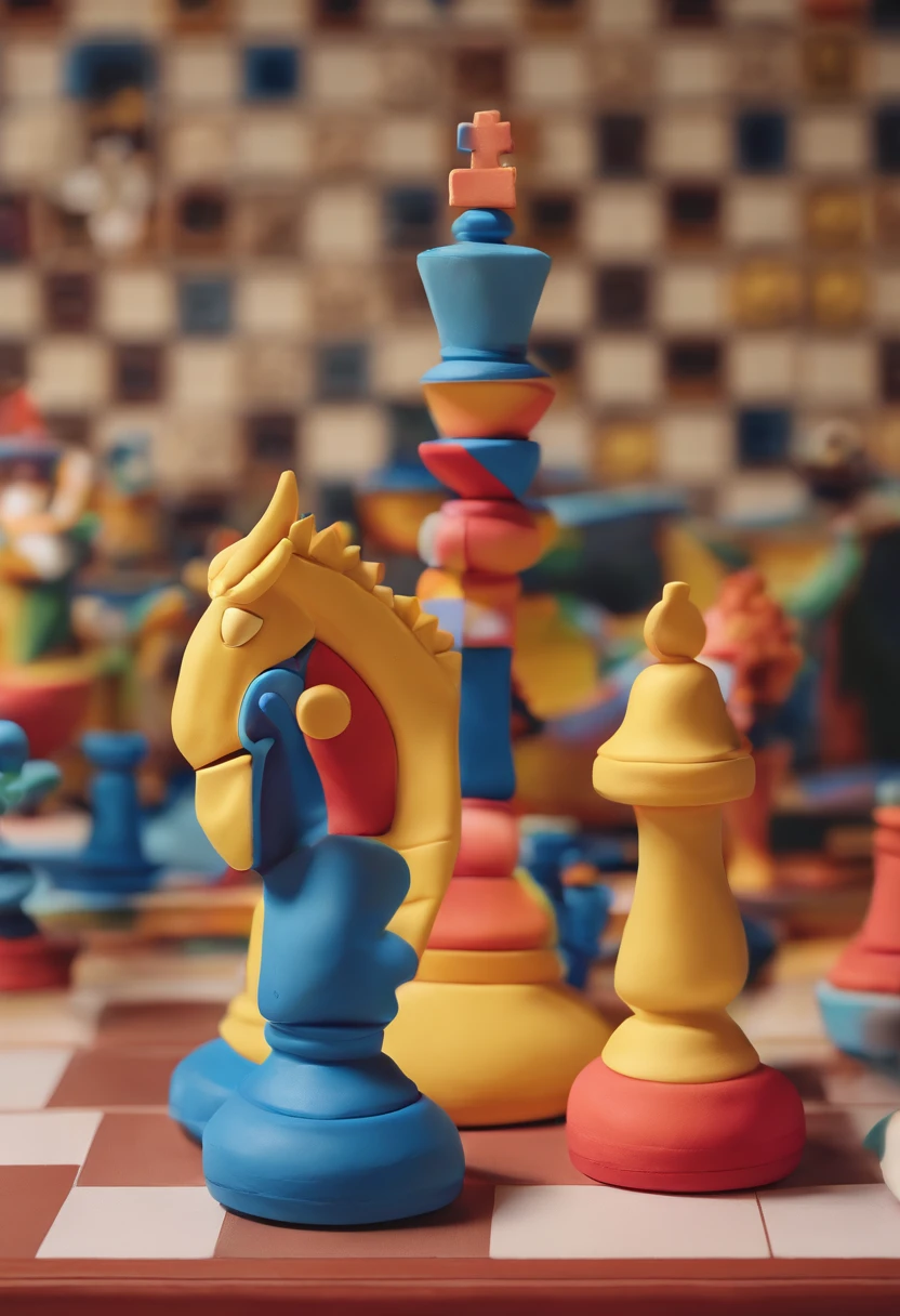 Chess, échequier, pions, tour, fou, reine, roi, cavalier, Clay material, Style de design cartoon, Pop Mart, softlighting, lignes lisses, Tilt-offset lenses, Detailed science fiction illustrations, Hyperrealistic details, couleur chaude