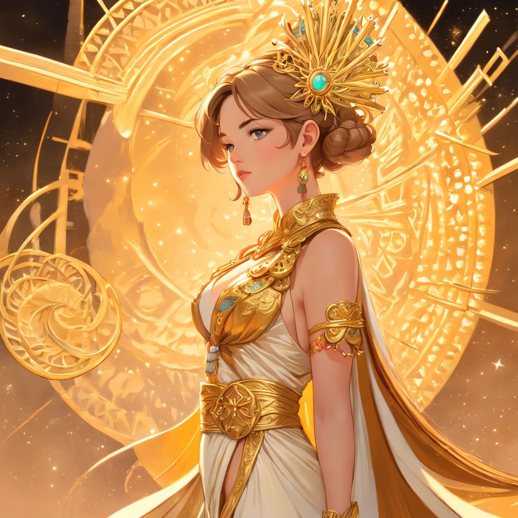 (A beautiful ornate female sand goddess cinematic, vestido dourado, tatuagem dourada do brilho), (Galactic Shaman with Quantum Energy Fantasy), magia de fantasia, penteado longo, noite escura clara, intrincado, Ethereal, foco nítido, illustration, altamente detalhado, pintura digital, arte conceitual, Fosco, (arte por wlop), (Directed by: Justin Gerard e Jason Edmiston: 1.5), (Directed by: Greg Rutkowski: 0.4), (Directed by: Alphonse Mucha: 0.4), master part