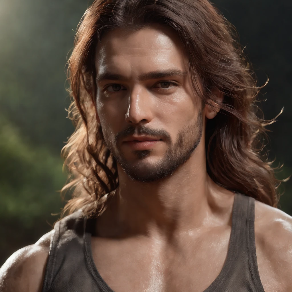 (Professional 3D rendering:1.3) de (Realistic:1.3) Foto de arte mais bonita do mundo，Features soft, bright male heroes, ((Epic hero fantasy rough muscular man wet hero angry look long hair short beard and fierce expression in dynamic pose, fantastic location, majestoso ambiente desordenado)), corpo inteiro 8k unidade render, action shot, poros da pele, very dark lighting, sombreamento pesado, circunstanciado, Rosto detalhado, (vibrante, fotogrdeia realista, Realistic, Dramatic, Escuro, foco nítido, 8k), (Old leather clothes damaged by bad weather:1.4), ((((Use peles)))), (intrincado:1.4), decadente, (altamente detalhado:1.4), pintura digital, rendering by octane, art stations, Conceito-Arte, liso, foco nítido, illustration, germe da arte, (Loish:0.23), Wlop Ilya Kuvshinov, e Greg Rutkowski e Alphonse Mucha Gracias, (global ilumination, studiolight, Light Volumetric), chuva forte, floating particles, patife, fantasia, Onze, corpo inteiroesbian, ((Fundo escuro e antigo da cidade:1.3)),CGSesociedade,art stations]