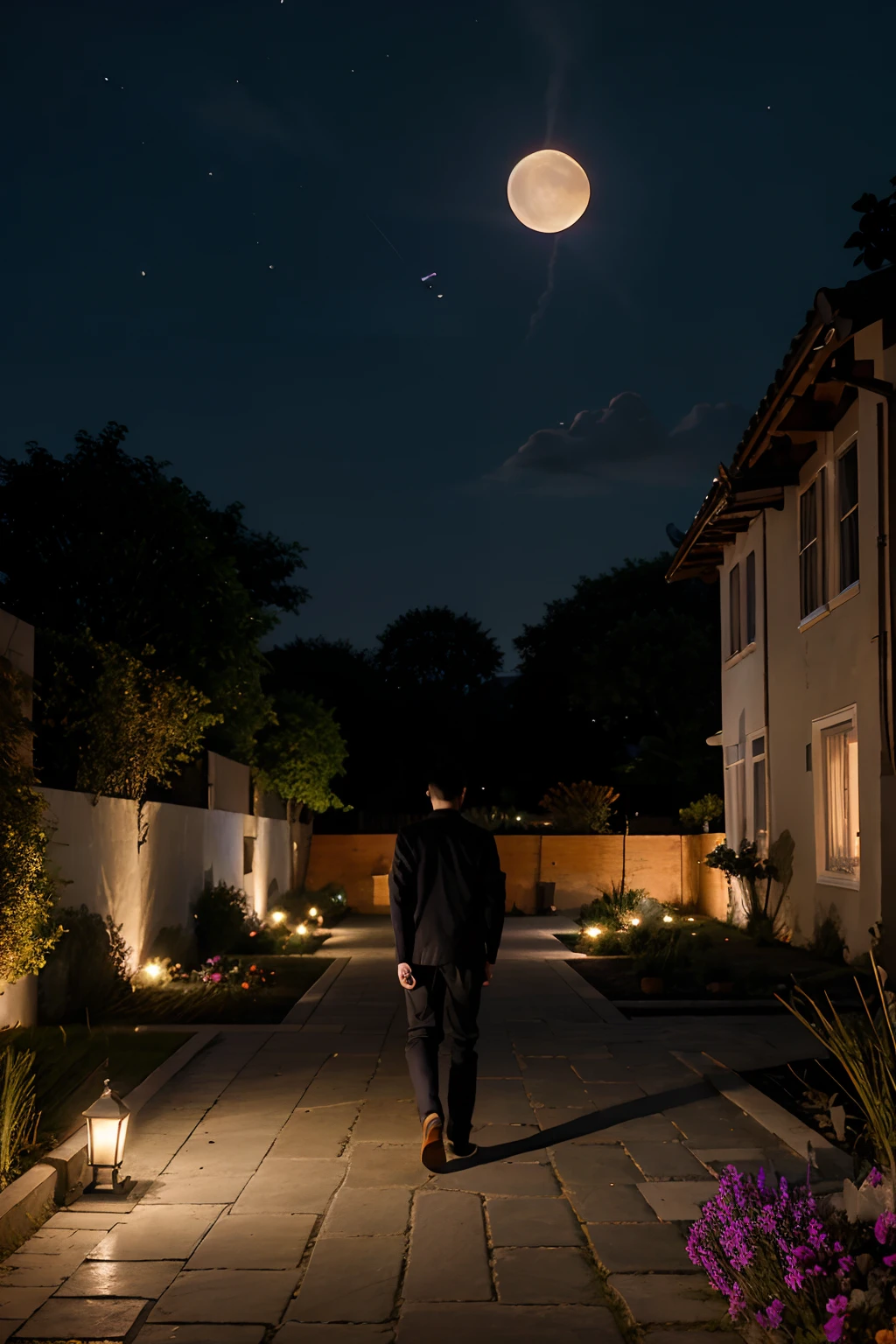 A young man walking through the garden of a house looking at the moon with a sky with orange and purple rays