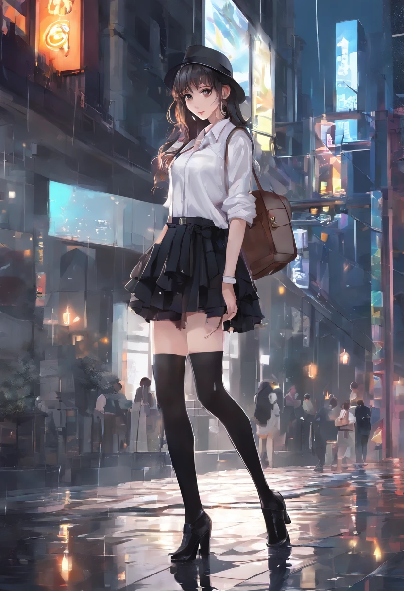 ((Realistic lighting, Best Quality, 8K, Masterpiece: 1.3)), Focus: 1.2, 1girl, Perfect Beauty: 1.4, Slim Abs: 1.1, (Big Breasts), (White Shirt: 1.4), (Outdoor, Night: 1.1), City Street, Super Fine Face, Fine Eyes, Double Eyelids, (Over the Knee Black Stockings: 1.5), (Wet in the Rain, Wet: 1.2)