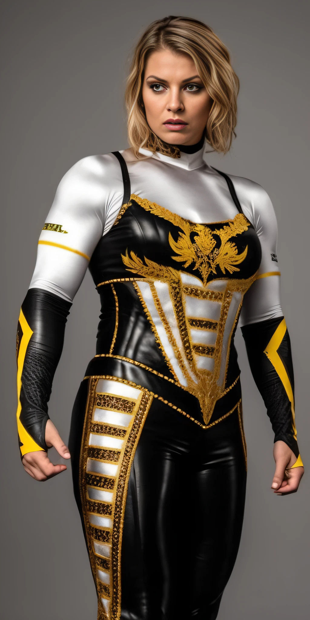 Best quality,Ultra-detailed,professionnel,portrait,???? et or,brillant,frappant,athletic,confiant,agressif,action pose,expression intense,Contexte du stade,dinamic lighting,high contrast,graveleux,Couleurs moroses,Des yeux brillants,mise au point nette,exaggerated muscles,High-octane energy,Creative composition,realistic details,Composition accrocheuse,Heroic proportions,MMA-inspired style,Impact visuel,Exciting atmosphere,Textures lustrées,Engaging narrative,Fierce competition, mascara, lipstick,Detailed maintenance, detailed body, Cheveux courts,Ring Lights,silhouette rétroéclairée,Portrait captivant,dominance,puissance brute,ferocity,Adrenaline