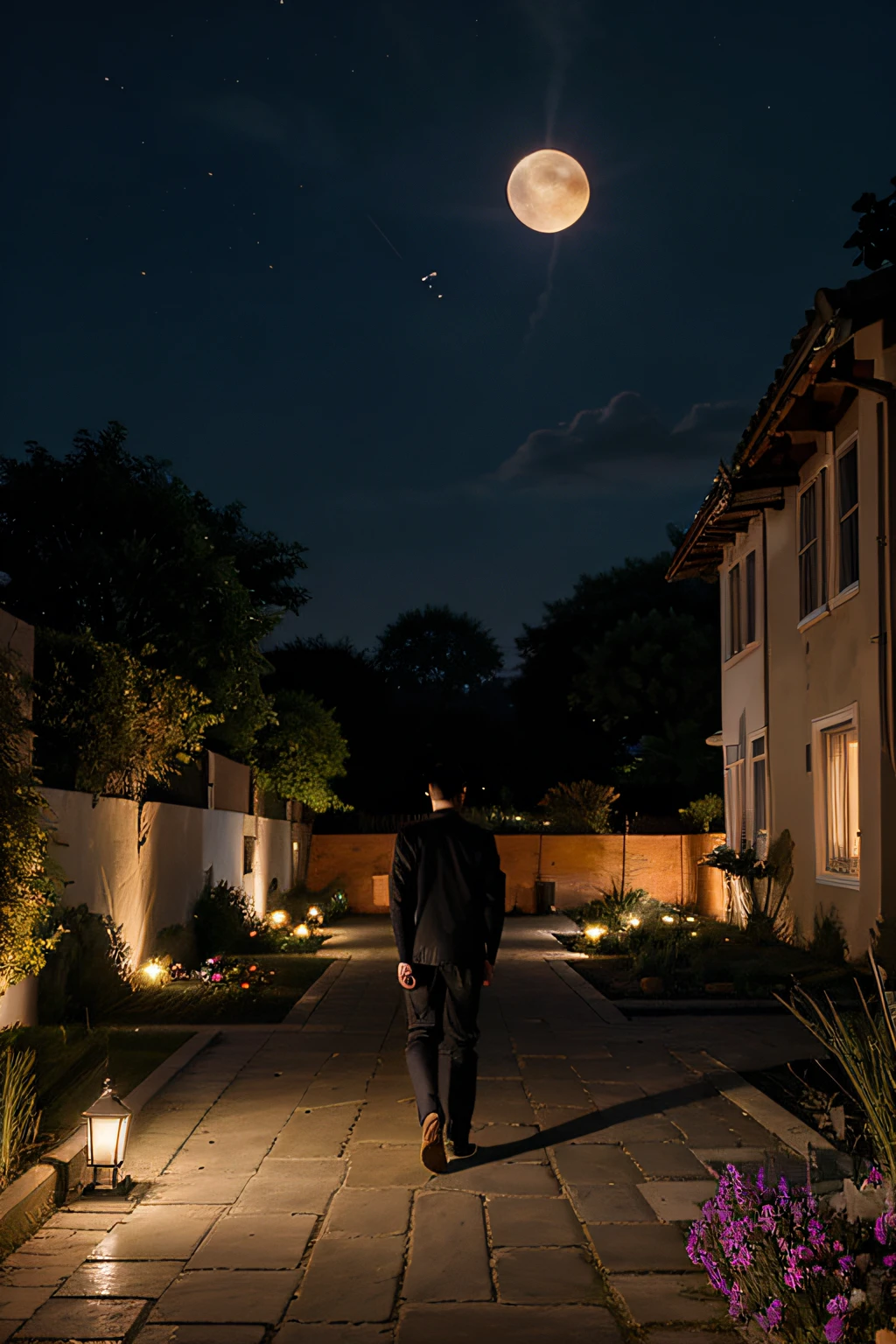 A young man walking through the garden of a house looking at the moon with a sky with orange and purple rays